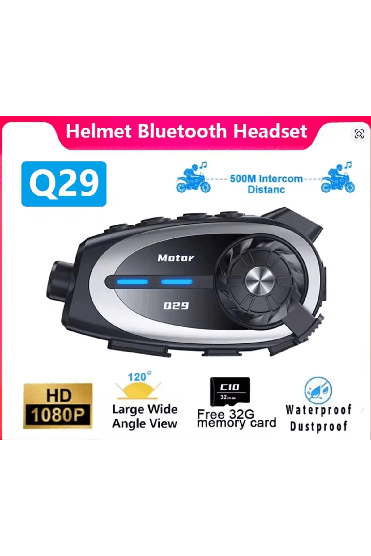 Q29 Motosiklet Kask Bluetooth Kulaklık Eşleşmeli 1080p Kamera Geniş Açı Su Geçirmez Intercom
