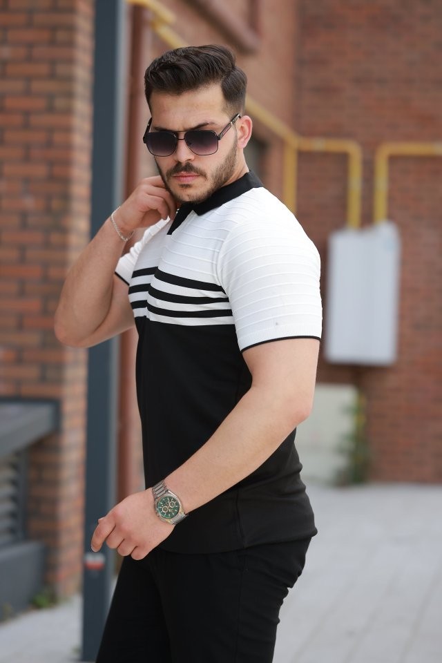 Erkek çizgi Desenli Yakalı Kısa Kollu T-shirt