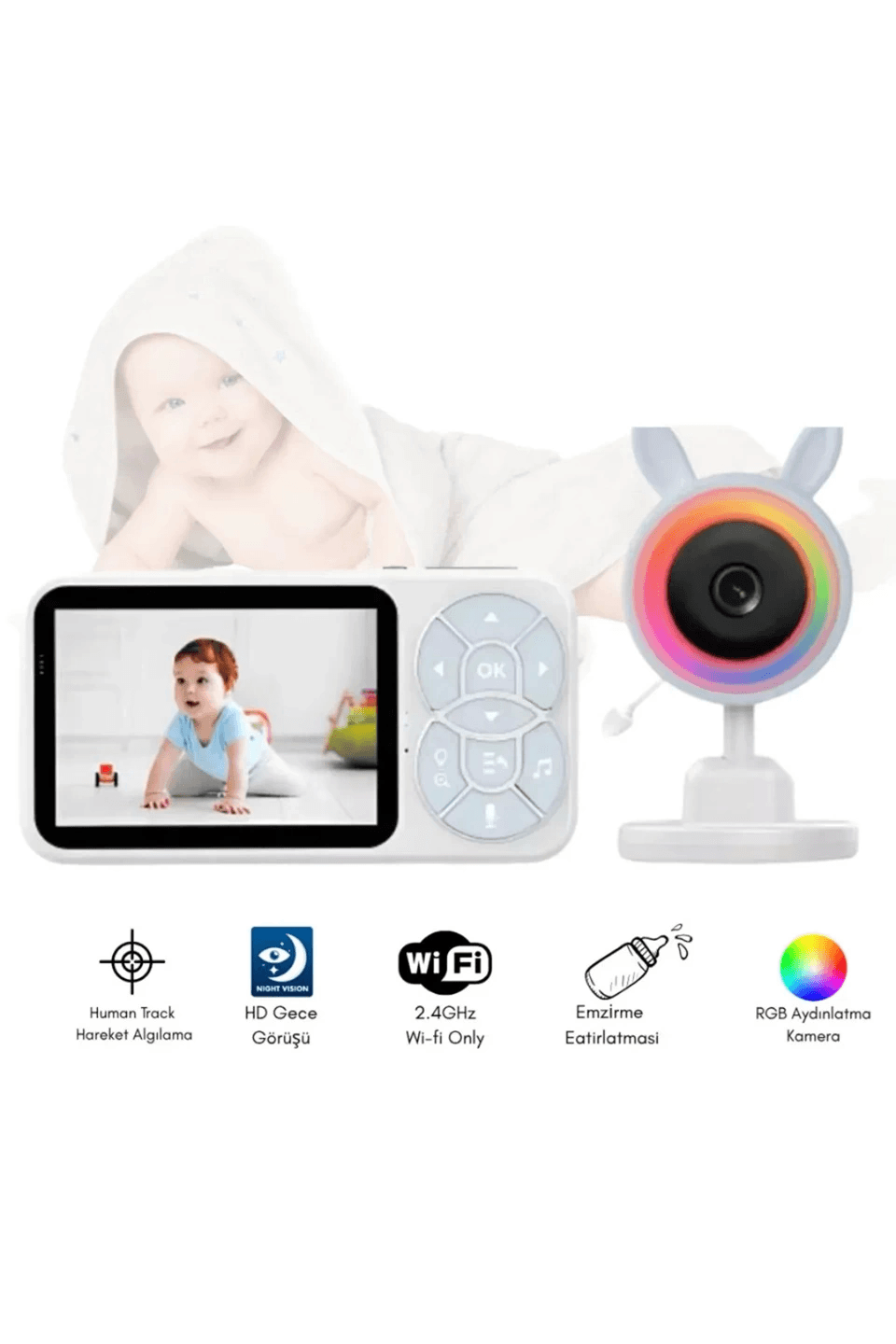 Bebek Kamerası Kumandalı Monitörlü Konuşma Özellikli Işıklı Gece Görüslü Hatırlatıcılı Kamera
