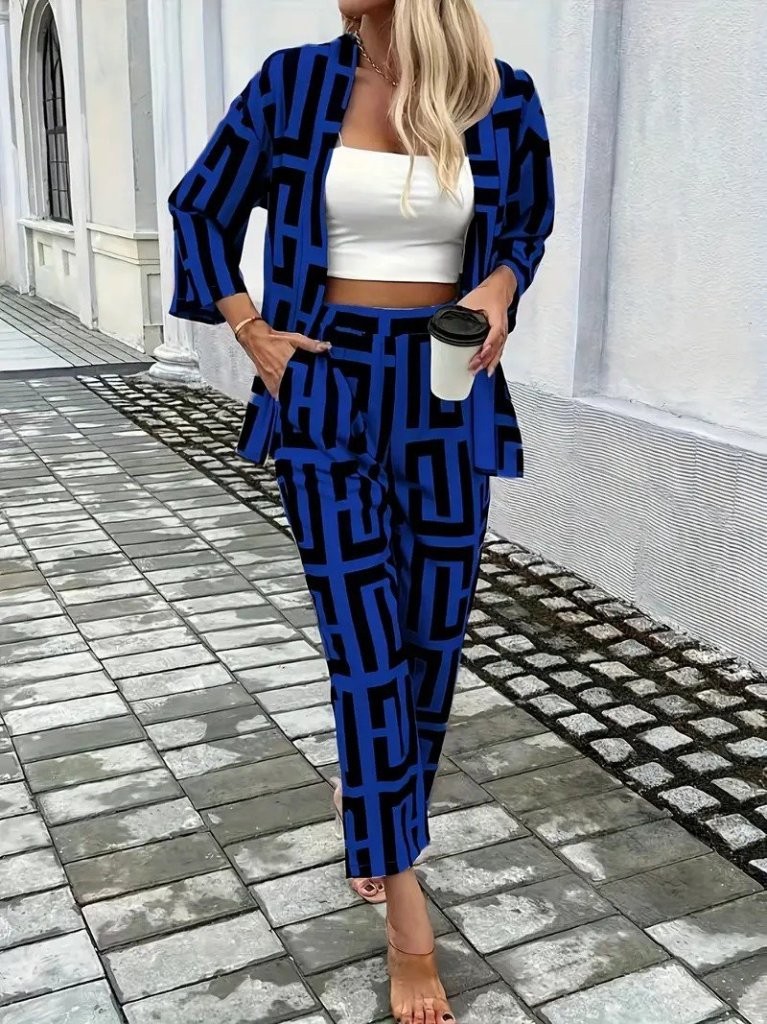 Kadın Uzun Kollu önü Açık Desenli Iki Iplik Ceket Ve Pantolon Ikili Takım