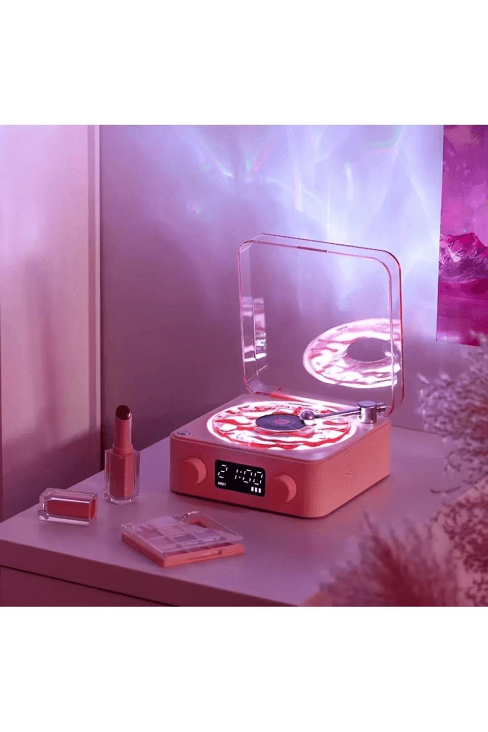 Waves Nostalji Plak Görünümlü Bluetooth Hoparlör 3d Ses Dalgası Retro Müzik Plak Pembe