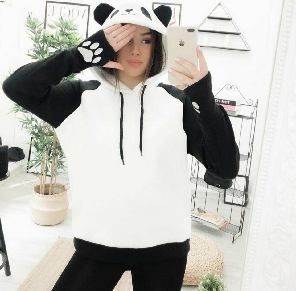 Kadın Panda üç Iplik Kumaş Kapüşonlu Polar Sweat 65 Cm