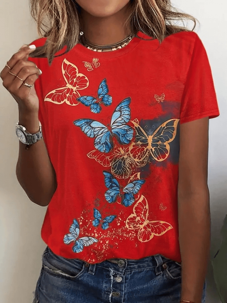 Kadın Kısa Kollu Mavi Sarı Kelebek Baskı Süprem T-shirt