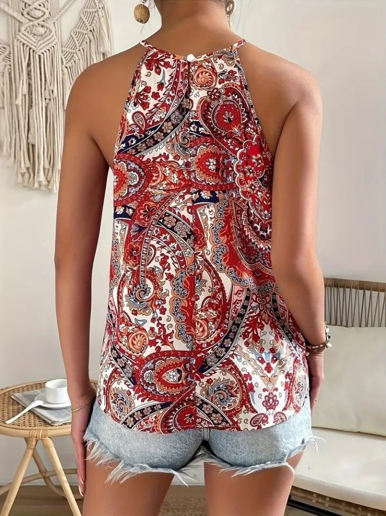 Kadın Halter Kollu Damla Detaylı Desenli Süprem Bluz