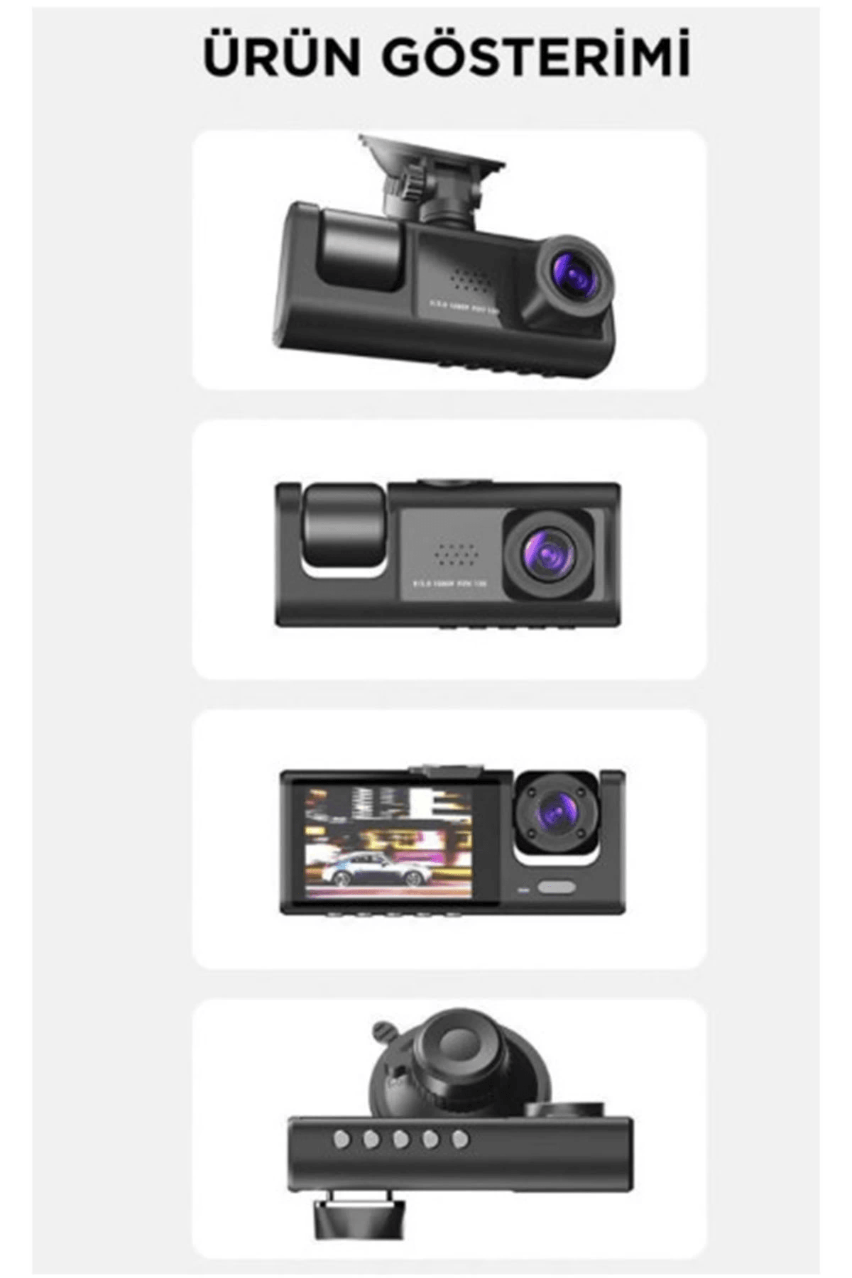 Araç İçi 1080p 3 Kameralı Lcd Ekranlı Gece Görüşlü , G-sensör , Geri Görüş Kamera