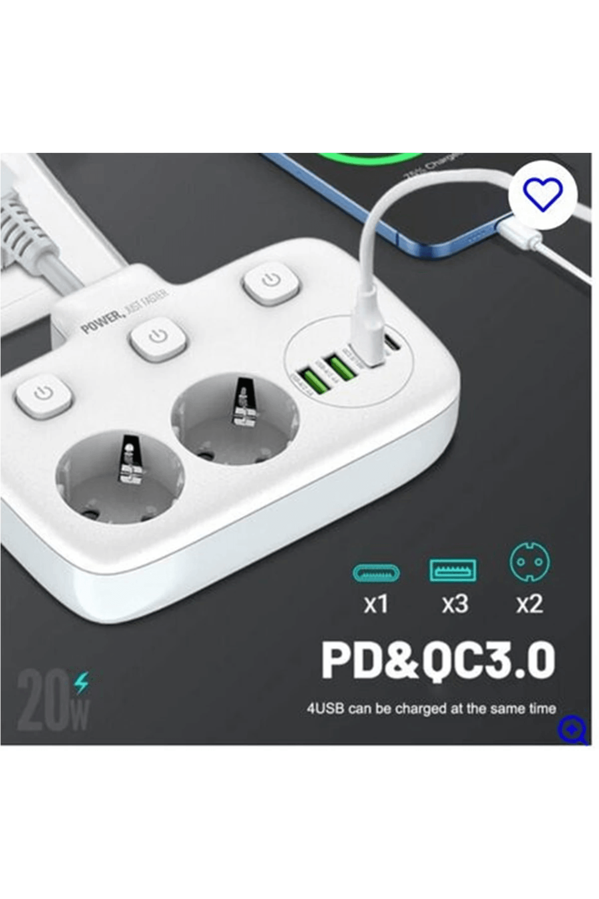 Akım Korumalı 2’li Ayrı Anahtarlı Priz, 2x Priz, 3x Usb, 1x Type-c, 2 Mt Kablo, Hızlı Şarj