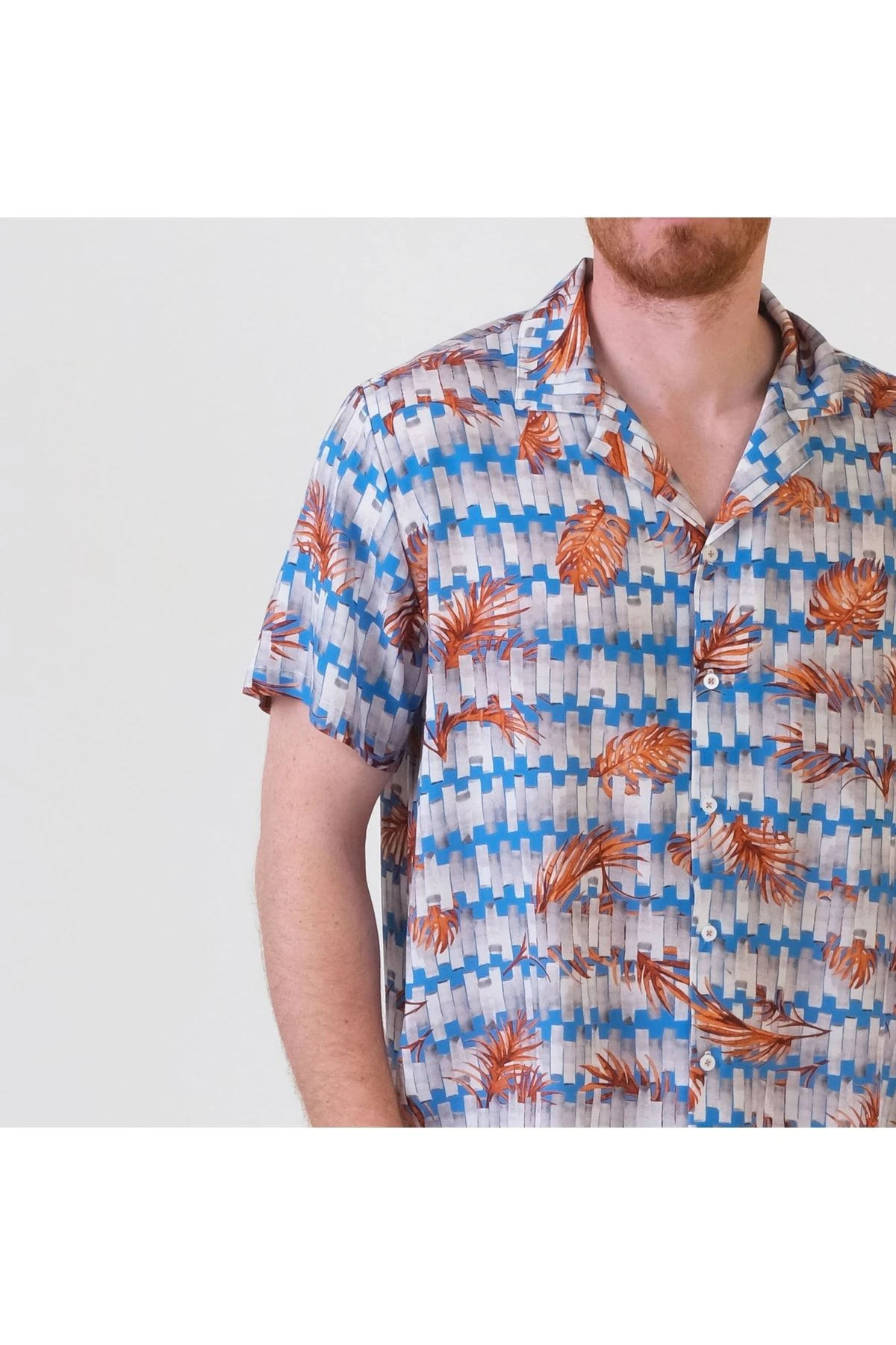 Renkli Yaprak Desenli Hawaii Yaka Yazlık Viskon Gömlek