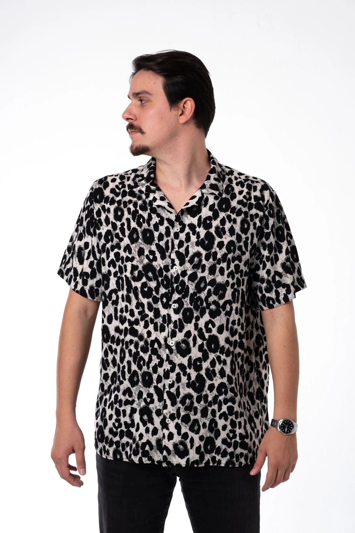 Erkek Büyük Beden Kısa Kollu Hawaii Gömlek Leopar