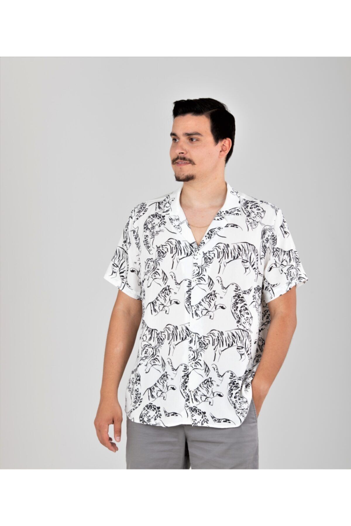 Kaplan Desenli Hawaii Yaka Yazlık Viskon Gömlek