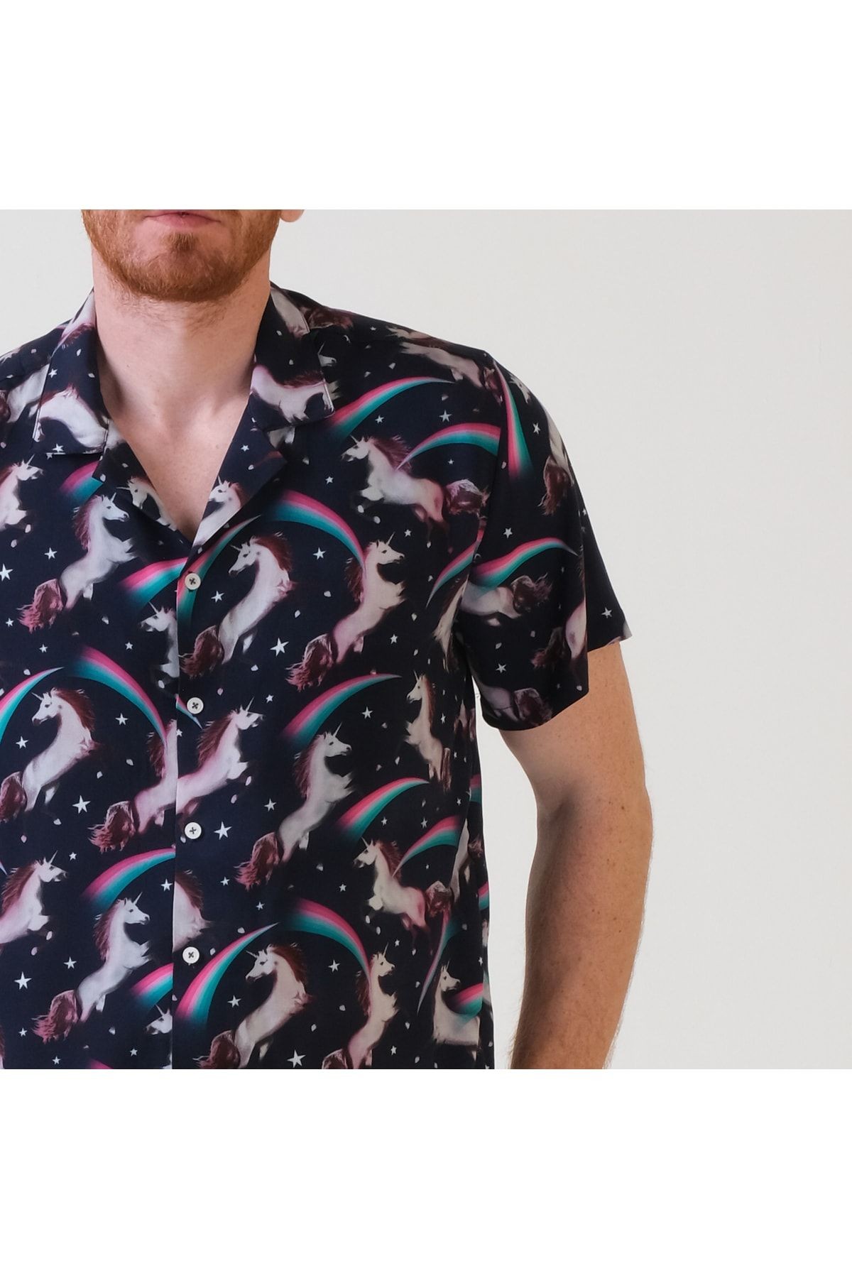 Havaii Yaka Marjinal Unicorn Desenli Viskon Gömlek