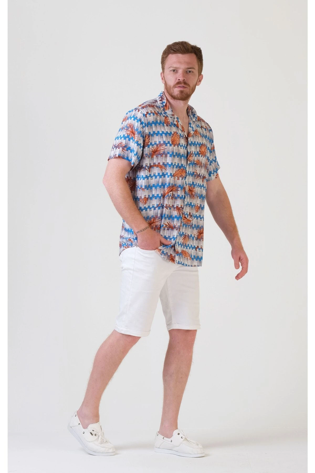 Renkli Yaprak Desenli Hawaii Yaka Yazlık Viskon Gömlek