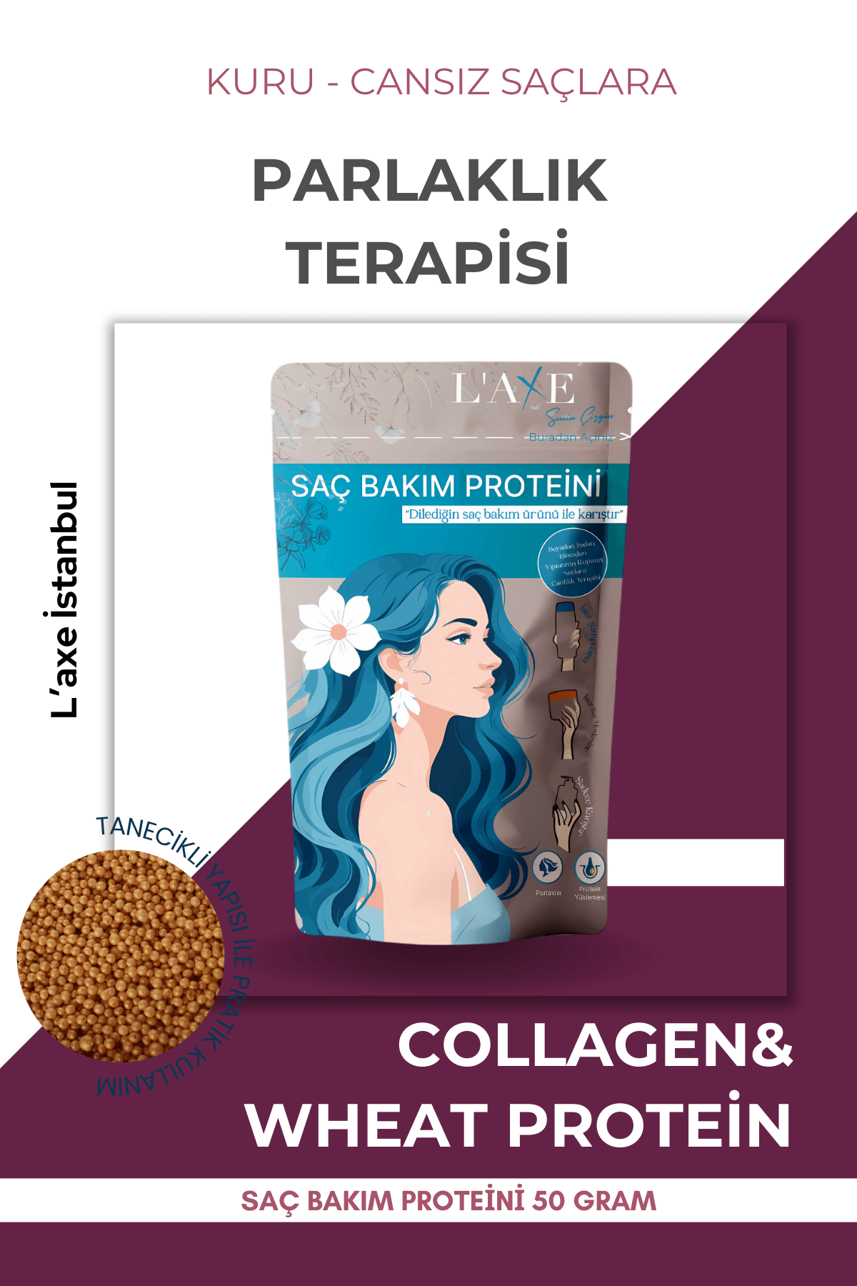 Kuru-Cansız Saçlara Parlaklık Terapisi | Saç Bakım Proteini | 100 Gram