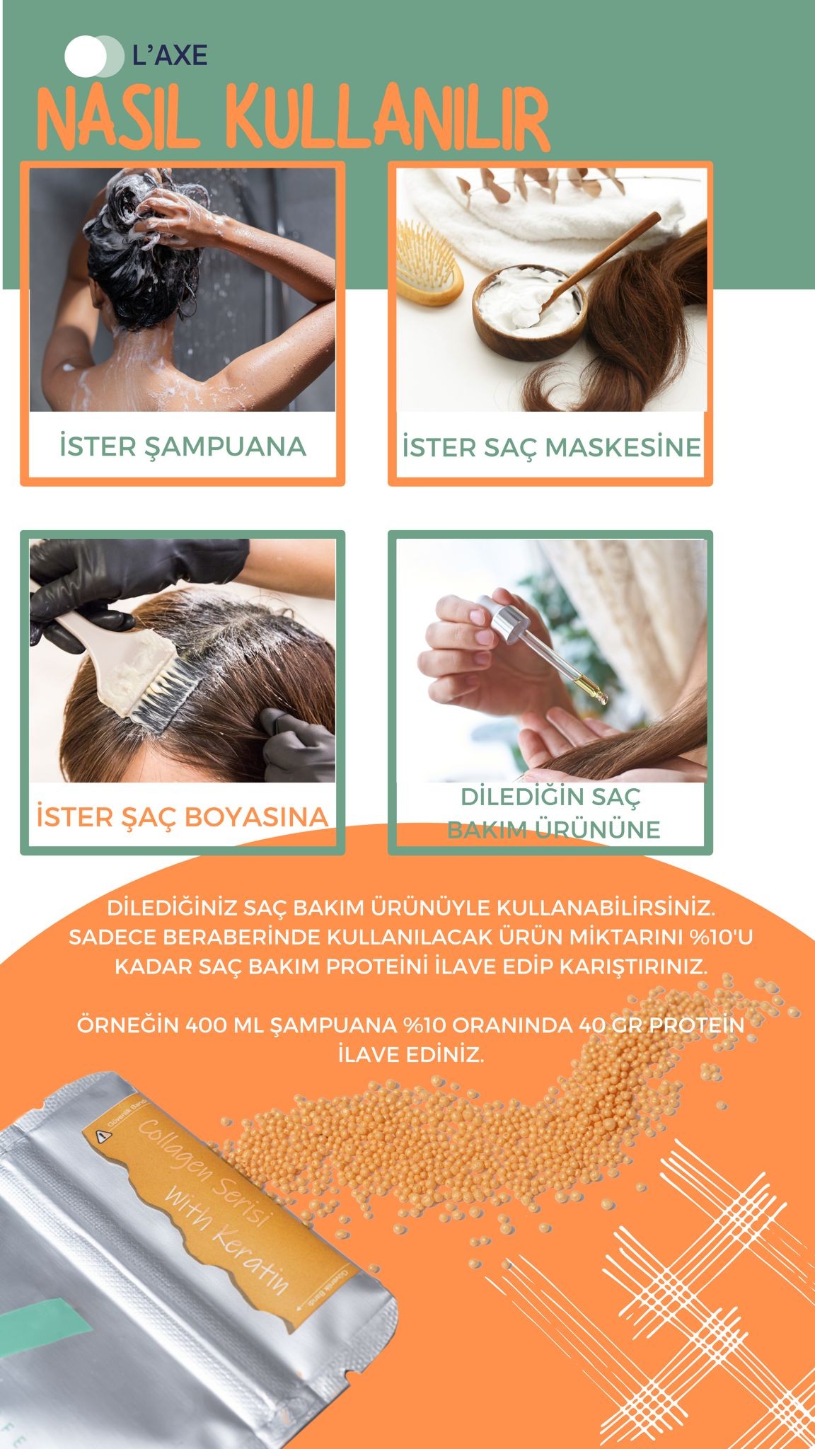 Boyadan Isıdan Işlemden Yıpranmış Kopmuş Saçlara Canlılık Terapisi - Laxe Saç Bakım Proteini 50 gr