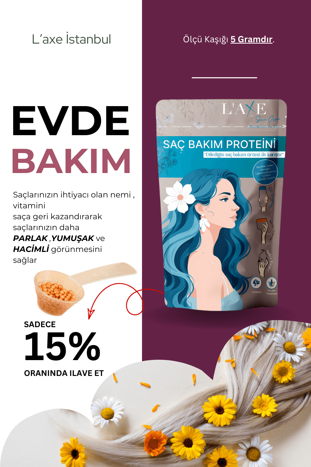 Kuru-Cansız Saçlara Parlaklık Terapisi | Saç Bakım Proteini | 100 Gram