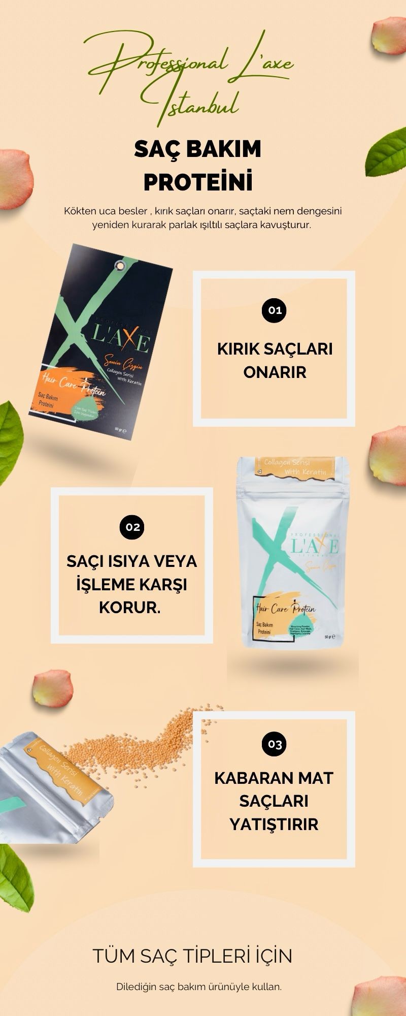 Boyadan Isıdan Işlemden Yıpranmış Kopmuş Saçlara Canlılık Terapisi - Laxe Saç Bakım Proteini 50 gr