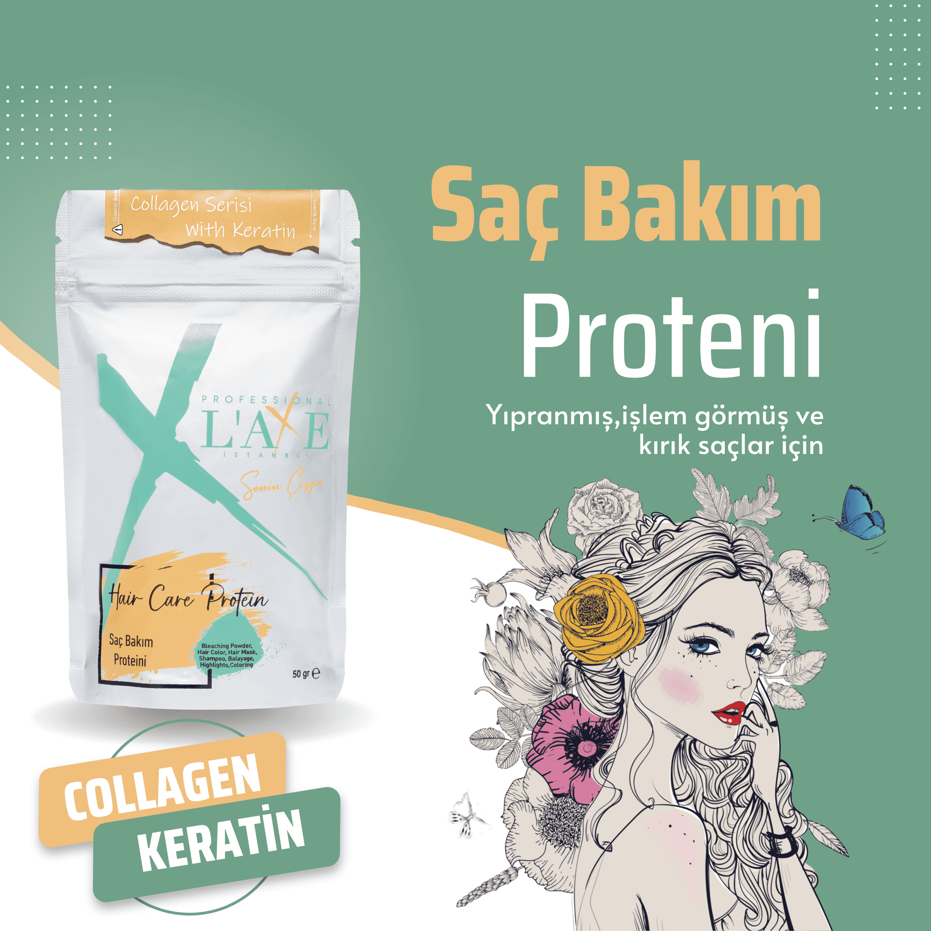 Boyadan Isıdan Işlemden Yıpranmış Kopmuş Saçlara Canlılık Terapisi - Laxe Saç Bakım Proteini 50 gr