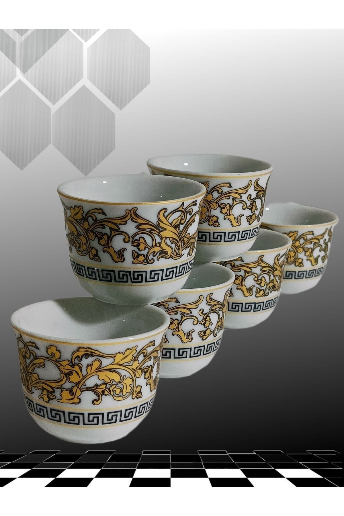 Yaldız Zincir Desenli Mırra Kulpsuz Fincan Porselen Takımı 6 Adet Mırra Cup Porcelain 6 Pieces