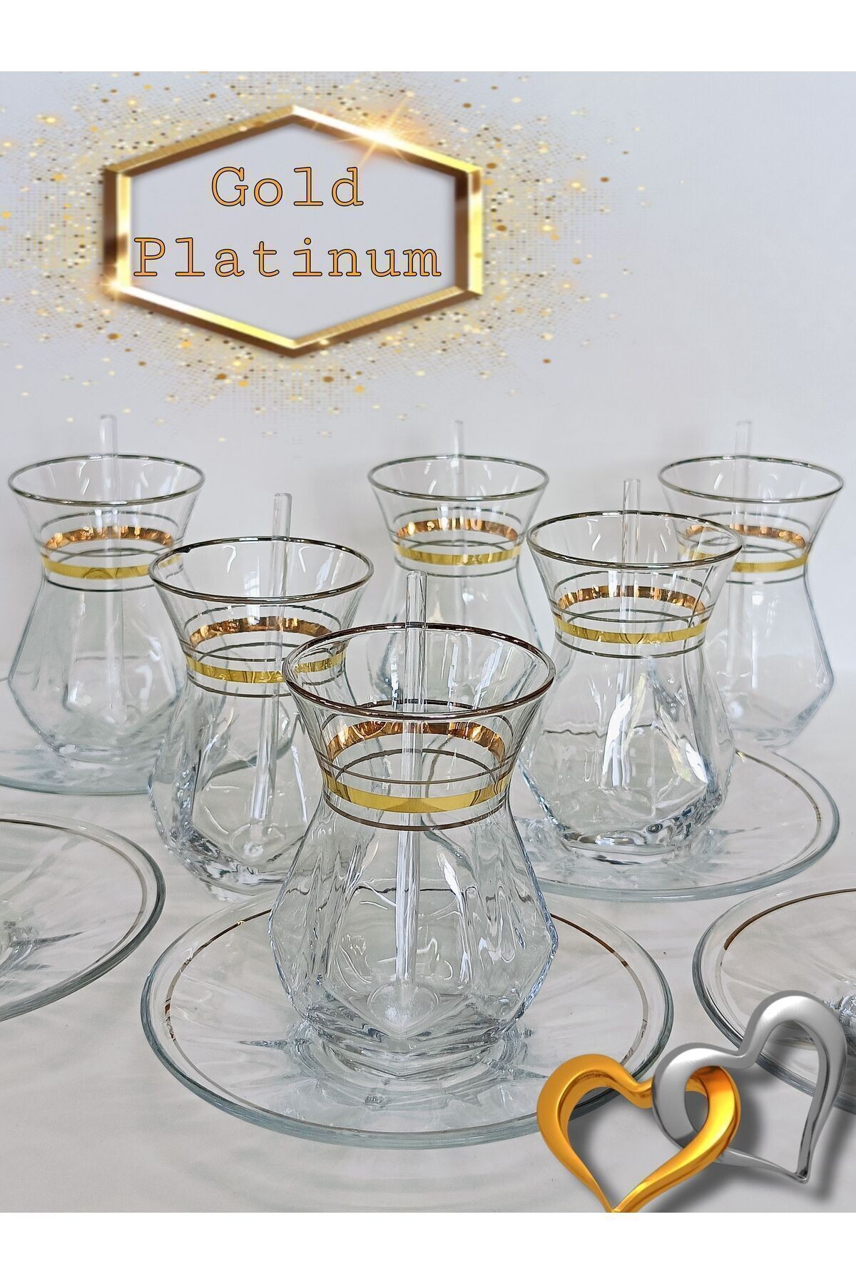 Yaldız Platin Çizgi Işleme Model 6 Kişilik Çay Seti Gold Silver 6 Persons Tea Set