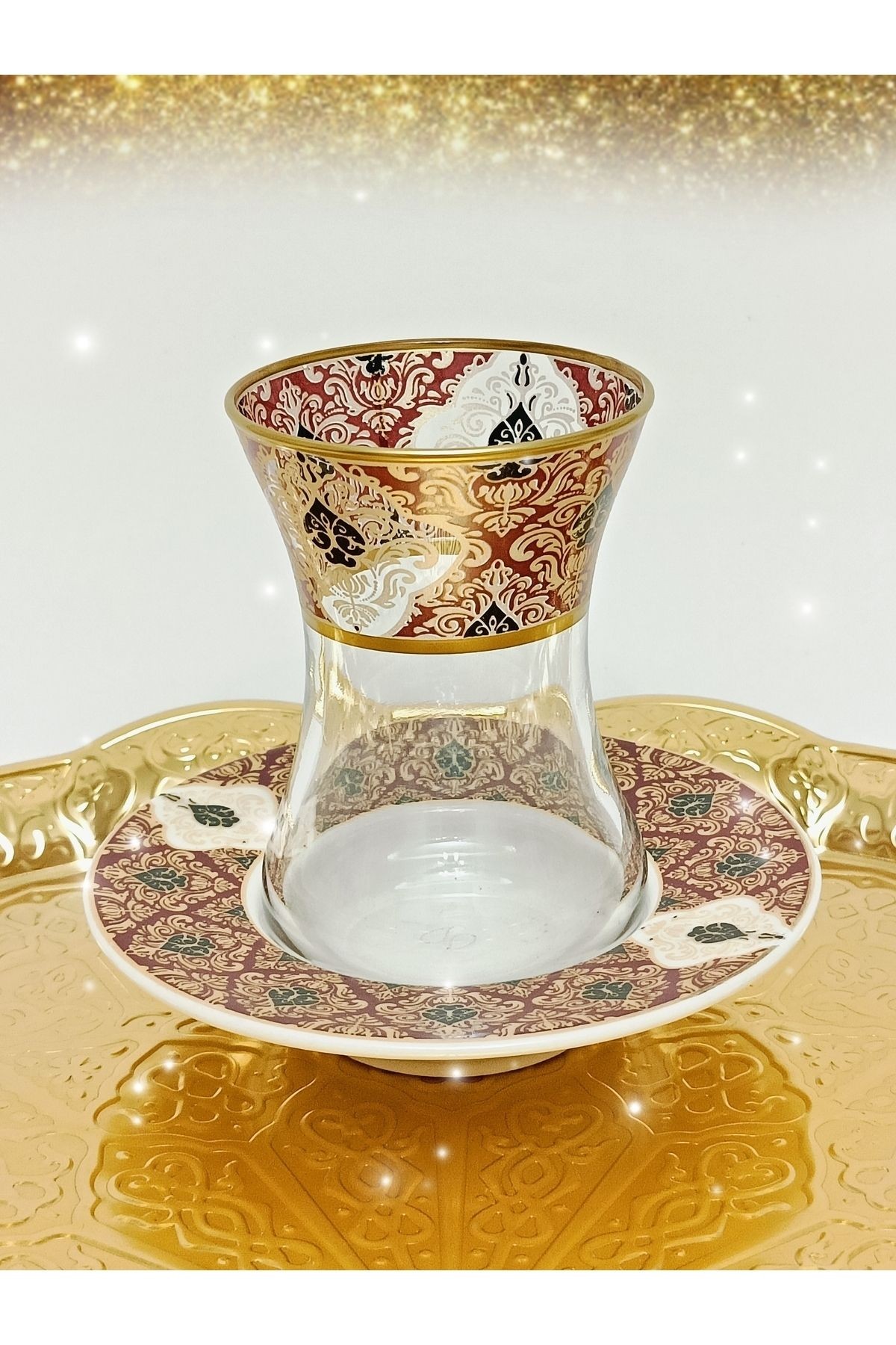 Altın Bordo Desen Işlemeli 6 Kişilik Cam Porselen Çay Seti Tea Set For 6 Persons Premium Porcelain