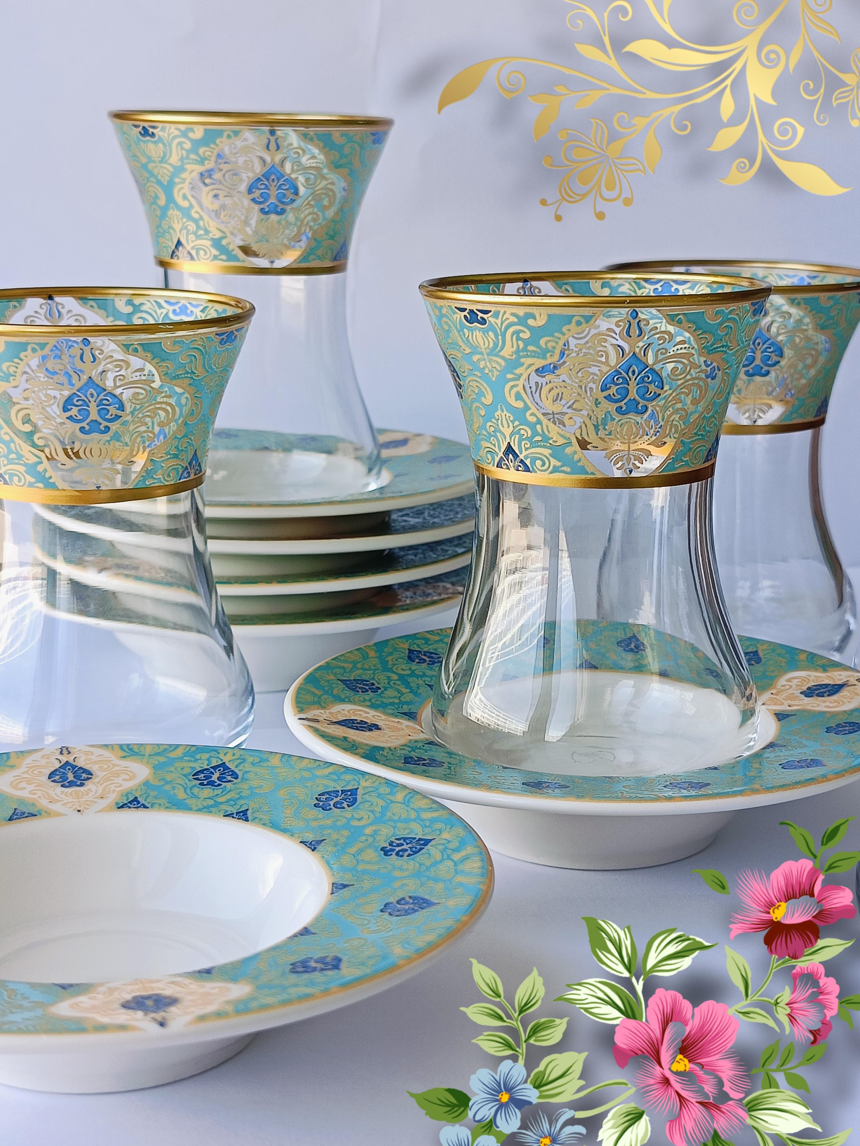 Altın Yeşil Desen Işlemeli 6 Kişilik Cam Porselen Çay Seti Tea Set For 6 Persons Premium Porcelain