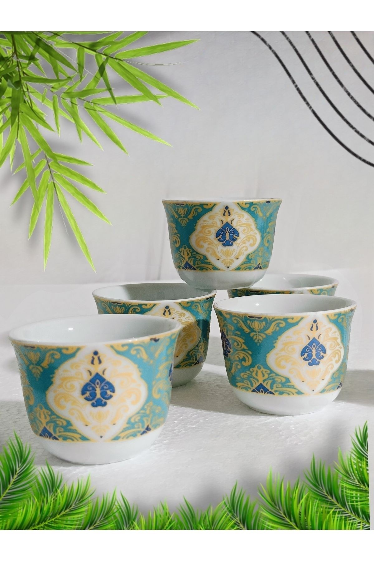 Yeşil Desen Yaldızlı Porselen Mirra Kulpsuz Fincan Set 6 Adet Patterned Gold Mirra Porcelain 6 Pcs