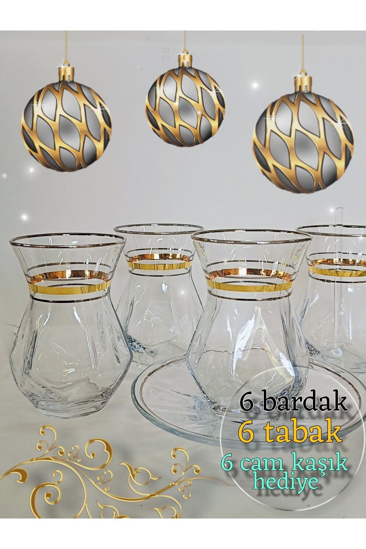 Yaldız Platin Çizgi Işleme Model 6 Kişilik Çay Seti Gold Silver 6 Persons Tea Set