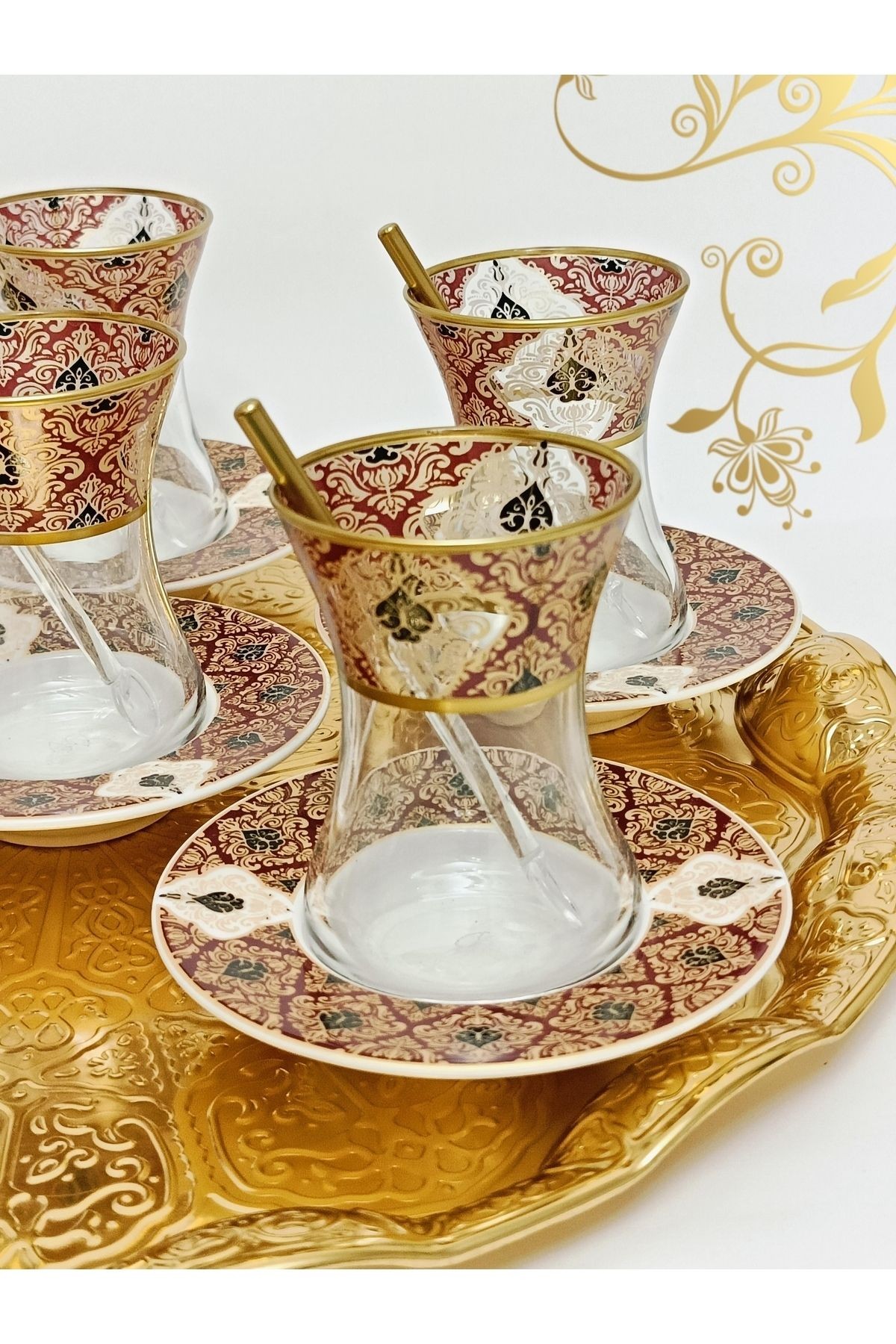 Altın Bordo Desen Işlemeli 6 Kişilik Cam Porselen Çay Seti Tea Set For 6 Persons Premium Porcelain