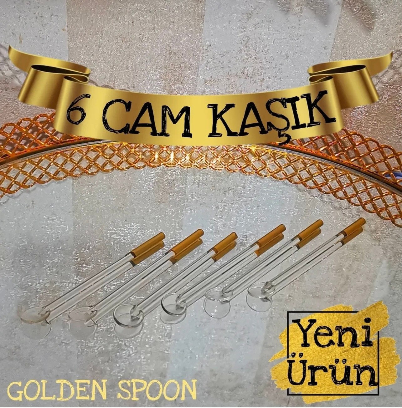 Altın Işleme Model Cam Çay Kaşığı 6 Adet 6 Teaspoons