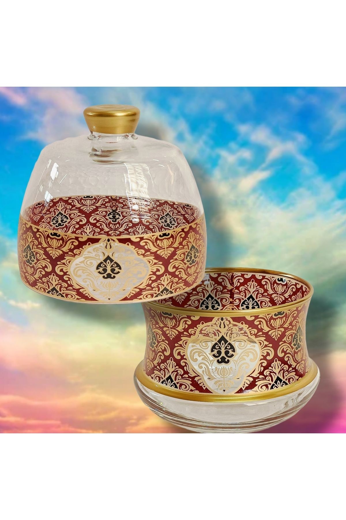 Altın Bordo Desenli Şekerlik,lokumluk 2 Parça 1 Adet Metal Kaşık Hediyeli Sugar Bowl Turkısh Delight