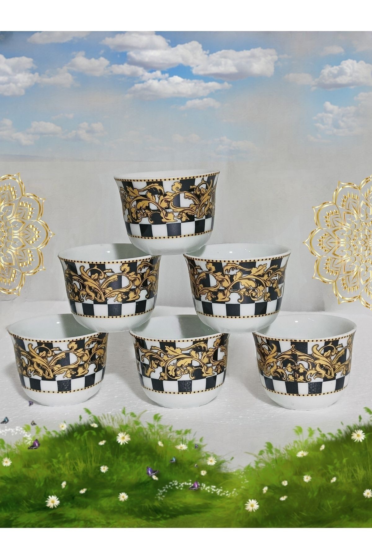 Siyah Beyaz Kare Model Desenli Mırra Kulpsuz Fincan Takımı 6 Adet Mırra Cup Porcelain 6 Pieces