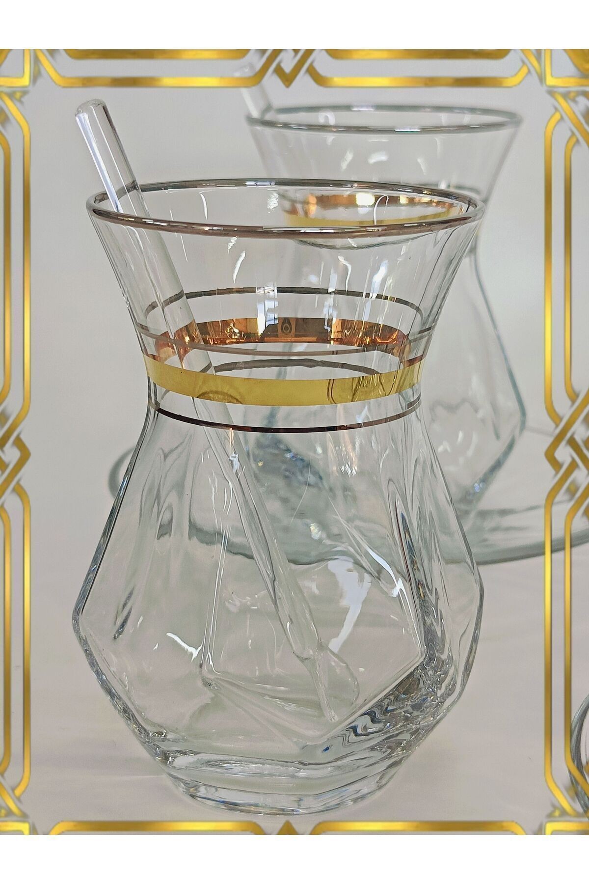 Yaldız Platin Çizgi Işleme Model 6 Kişilik Çay Seti Gold Silver 6 Persons Tea Set