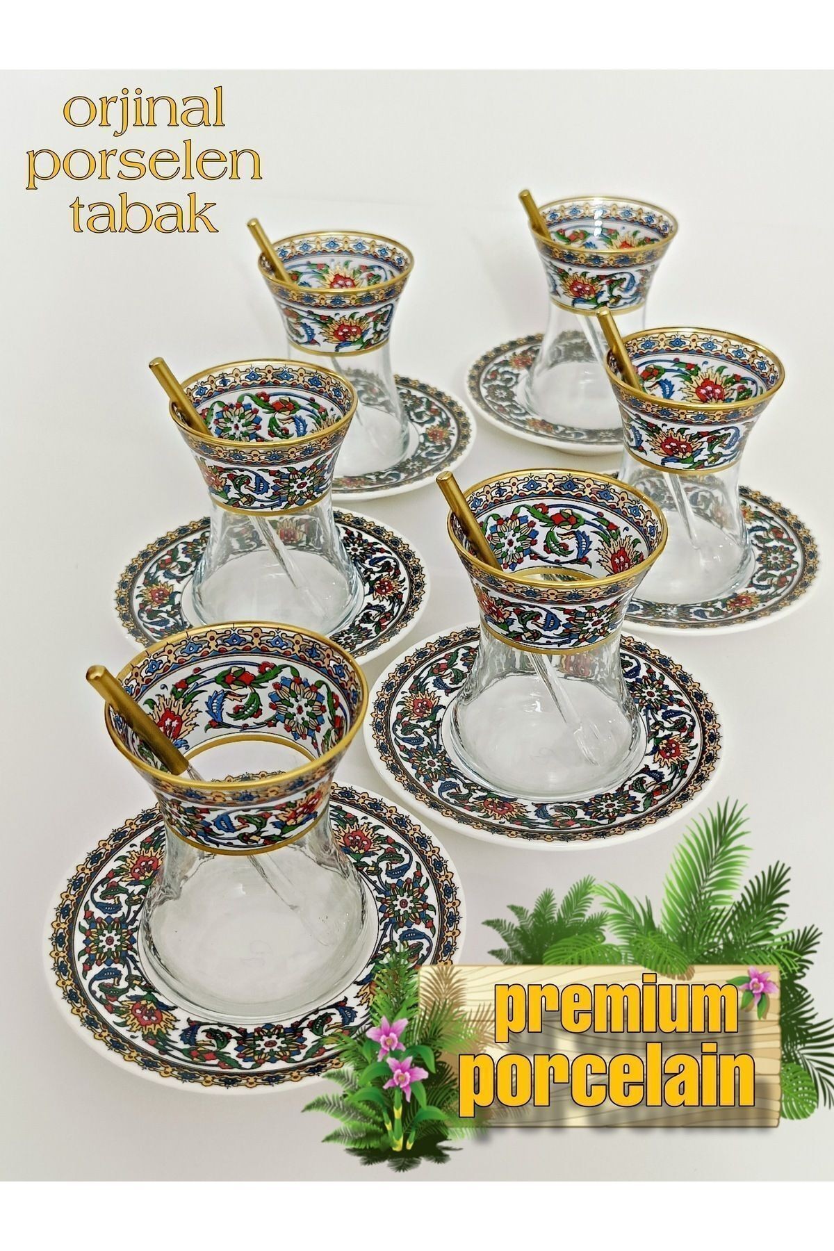 Altın Bitkisel Çini Desenli Cam Porselen 6 Kişilik Çay Seti Tea Set For 6 Persons Premium Porcelain