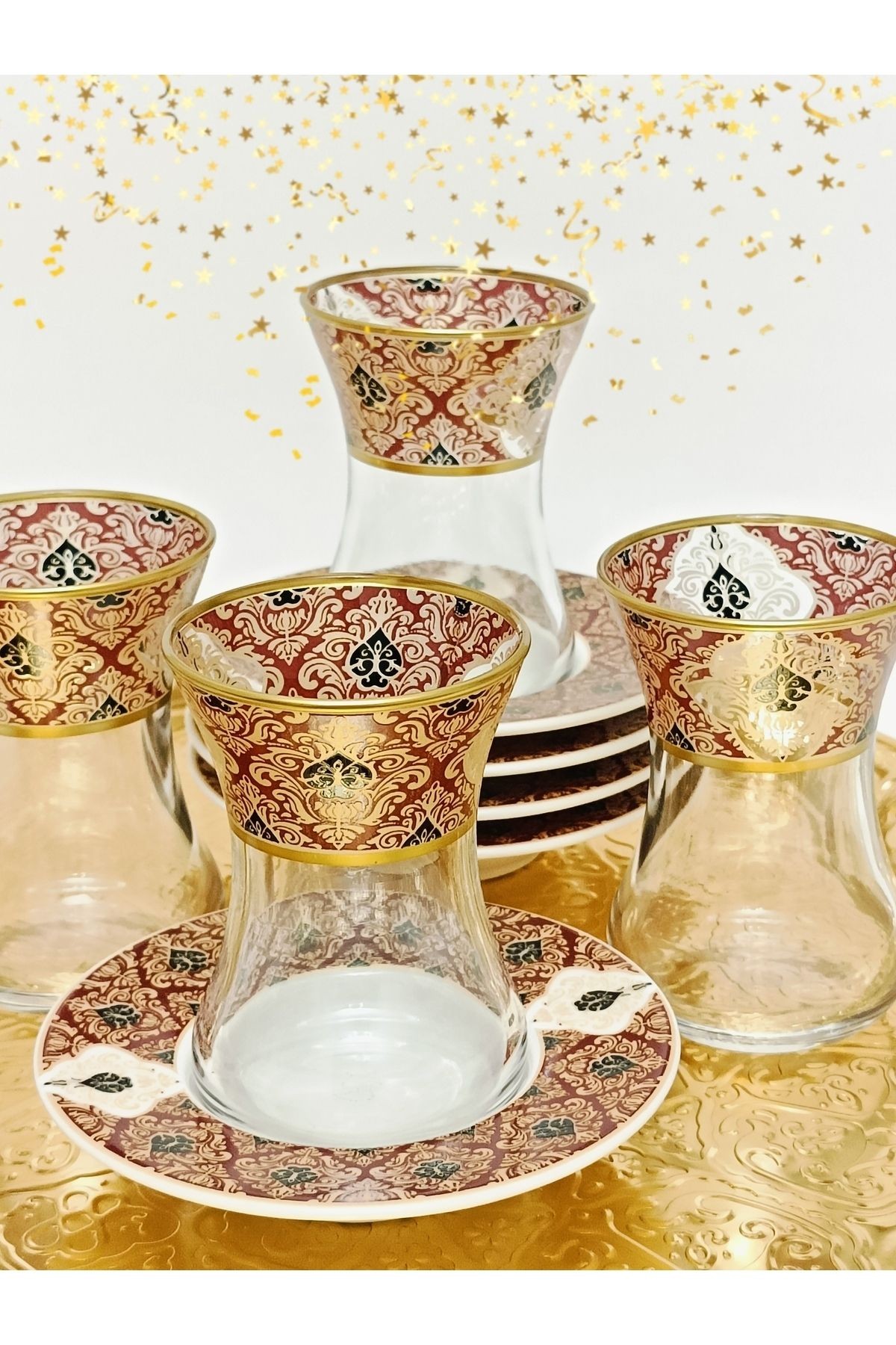 Altın Bordo Desen Işlemeli 6 Kişilik Cam Porselen Çay Seti Tea Set For 6 Persons Premium Porcelain