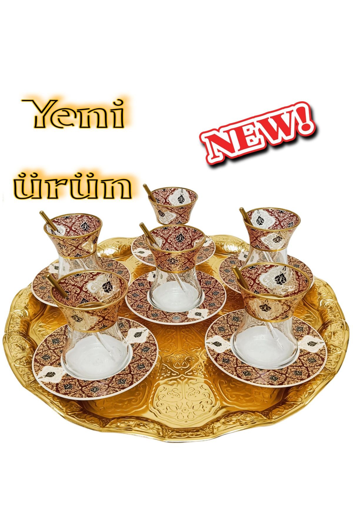 Altın Bordo Desen Işlemeli 6 Kişilik Cam Porselen Çay Seti Tea Set For 6 Persons Premium Porcelain