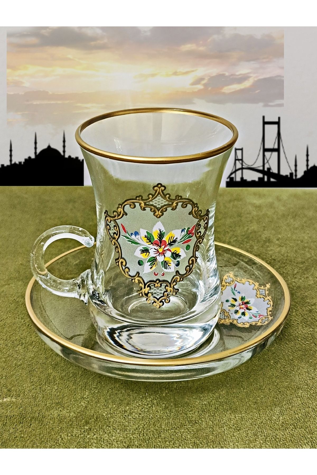 Altın Gümüş Baskılı Gül Desen Model Cam Kulplu 6 Kişilik Çay Seti Glass Handle Cup