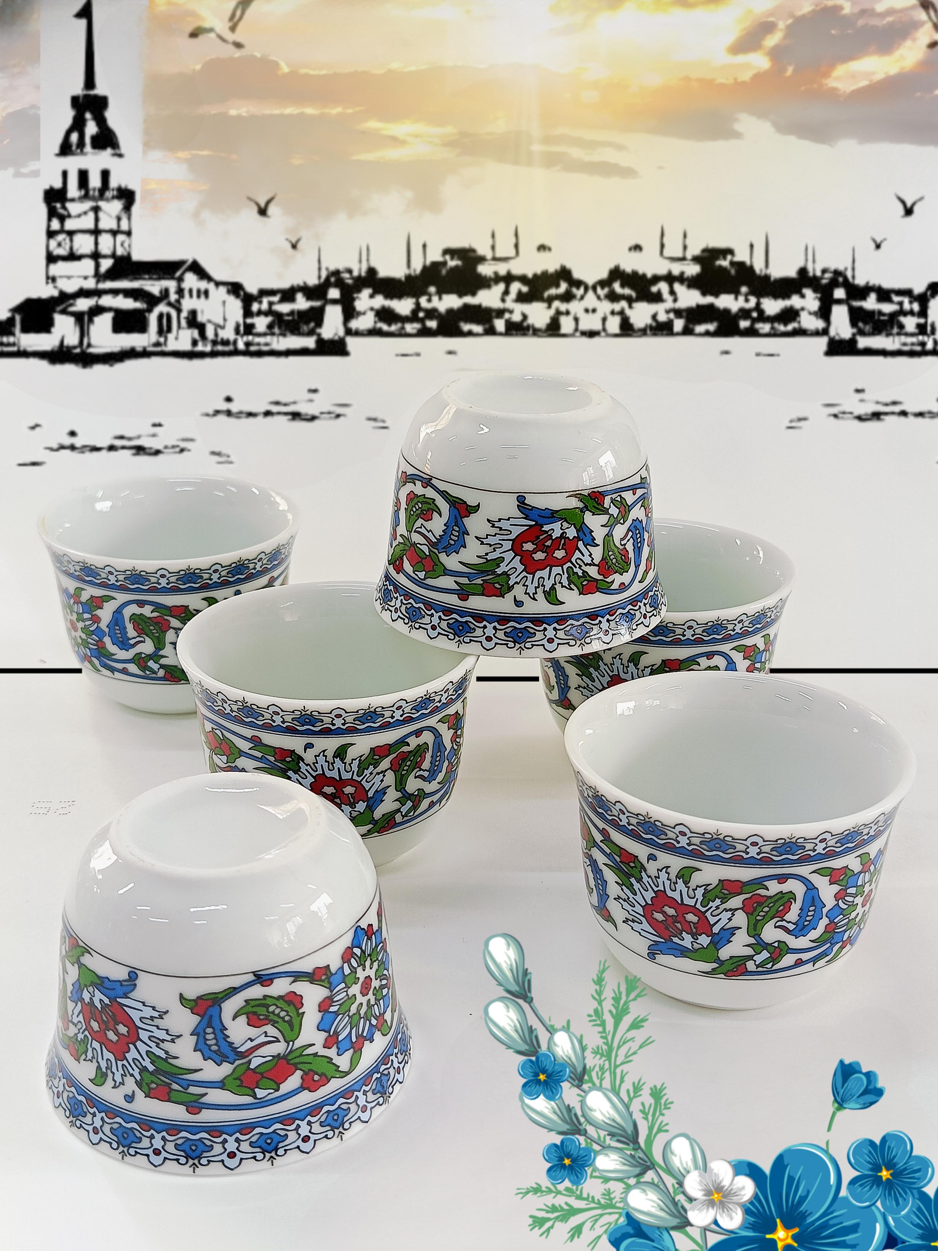 Bitkisel Çini Renkli Model Desenli Porselen Mirra Set 6 Adet Mırra Cup Porcelain 6 Pieces