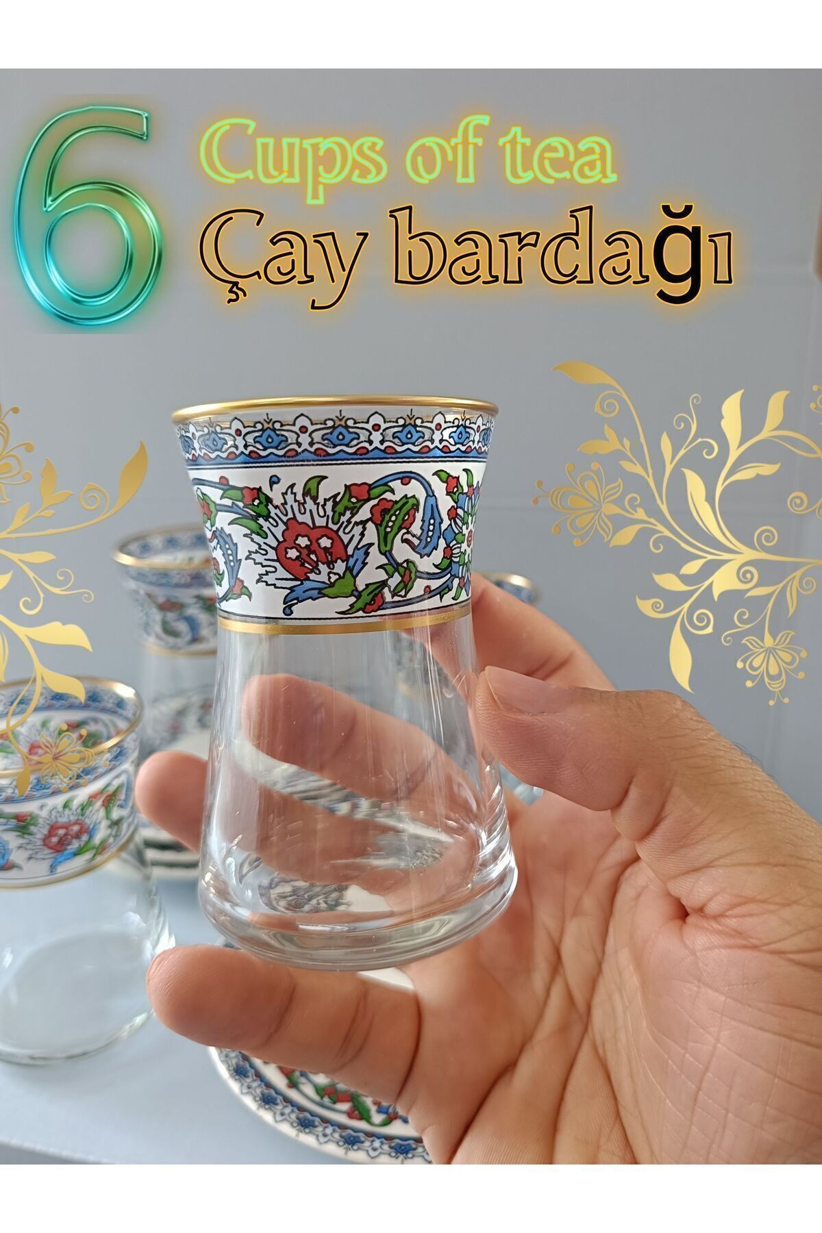 Altın Heybeli Bitkisel Çini Model Porselen Tabak Ve Bardak 6 Kişlik Çay Seti Premium Porcelain