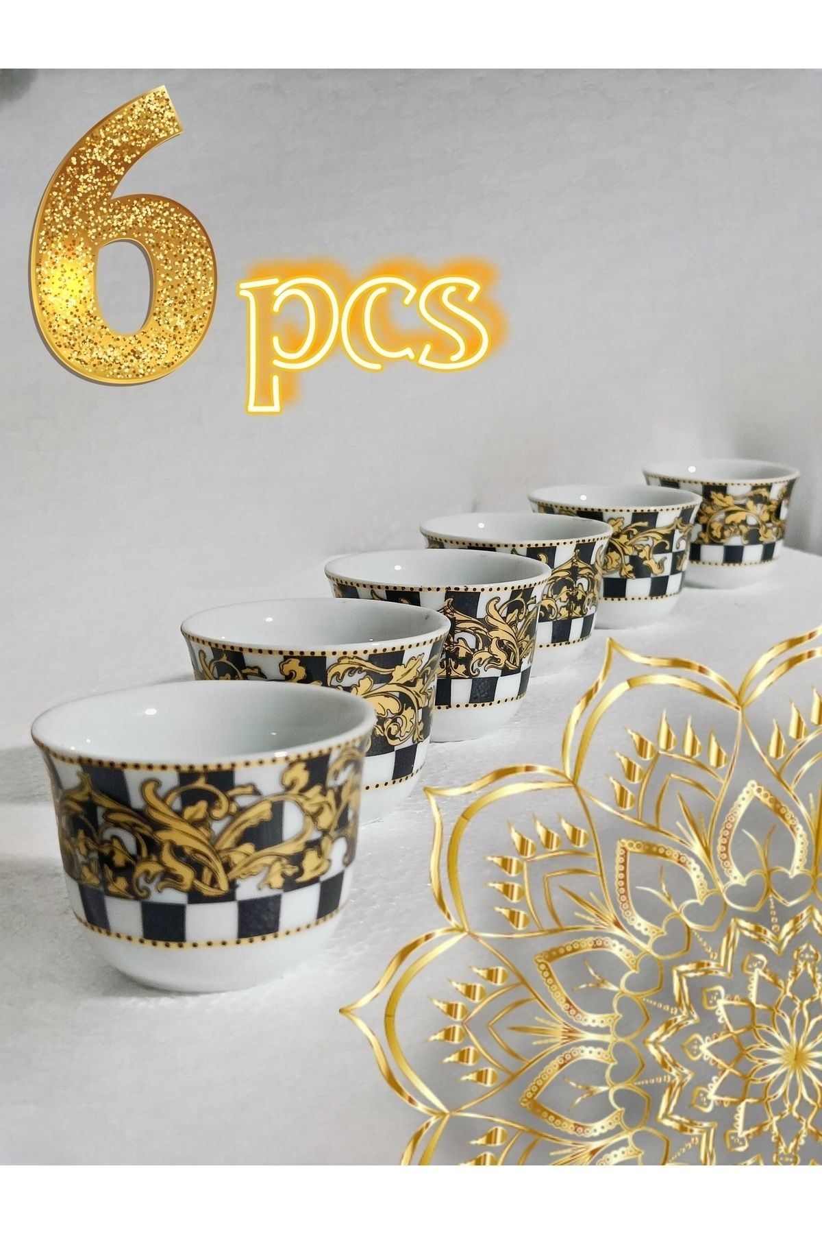 Siyah Beyaz Kare Model Desenli Mırra Kulpsuz Fincan Takımı 6 Adet Mırra Cup Porcelain 6 Pieces