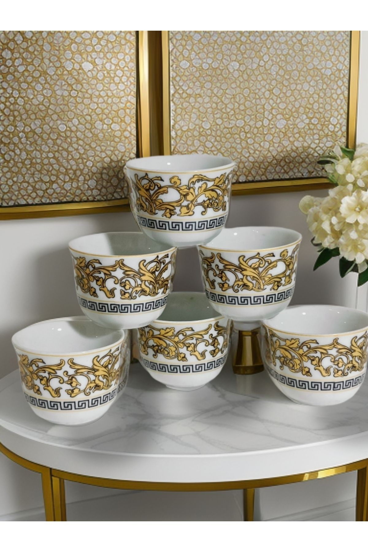 Yaldız Zincir Desenli Mırra Kulpsuz Fincan Porselen Takımı 6 Adet Mırra Cup Porcelain 6 Pieces