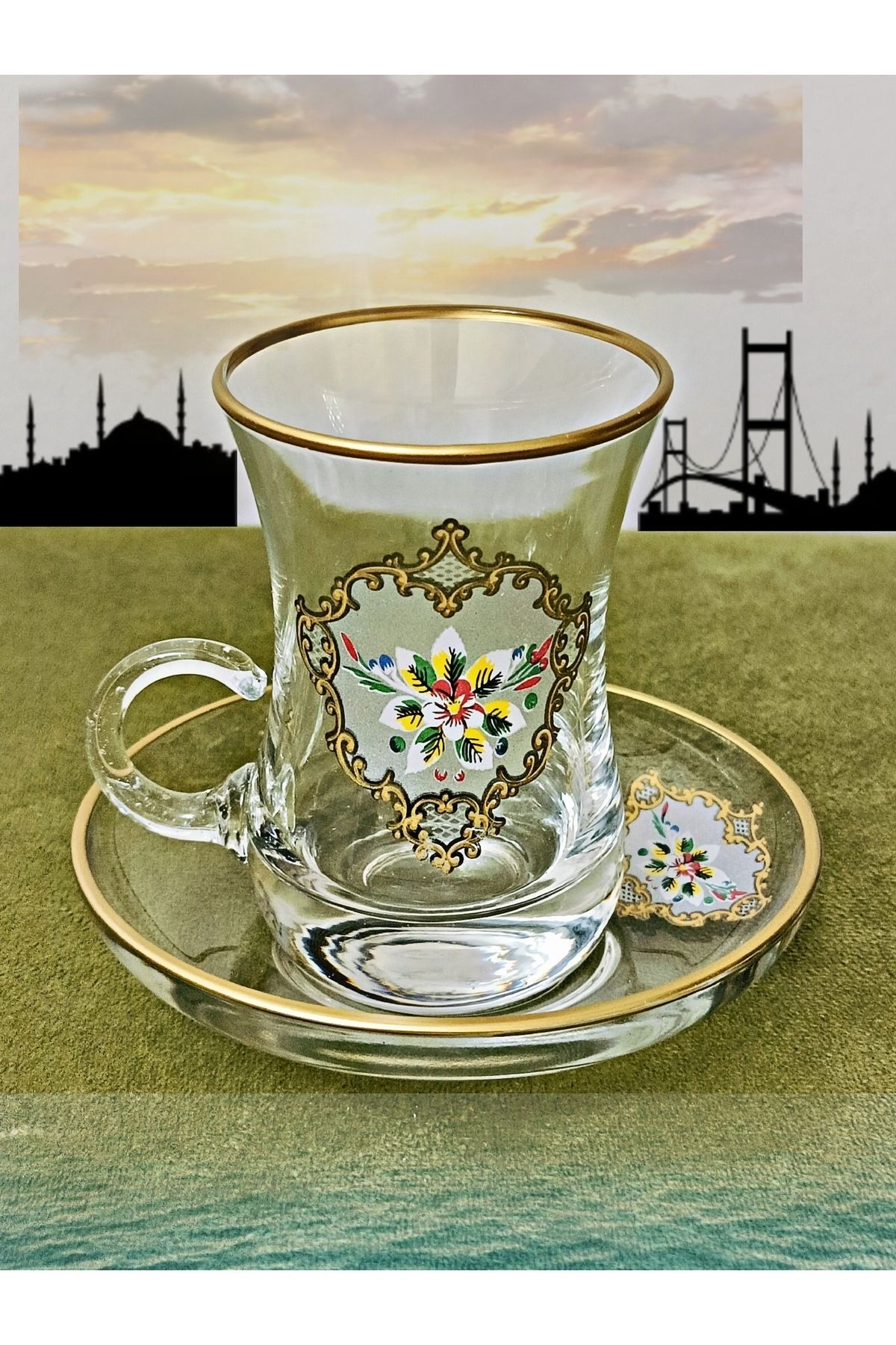 Altın Gümüş Baskılı Gül Desen Model Cam Kulplu 6 Kişilik Çay Seti Glass Handle Cup