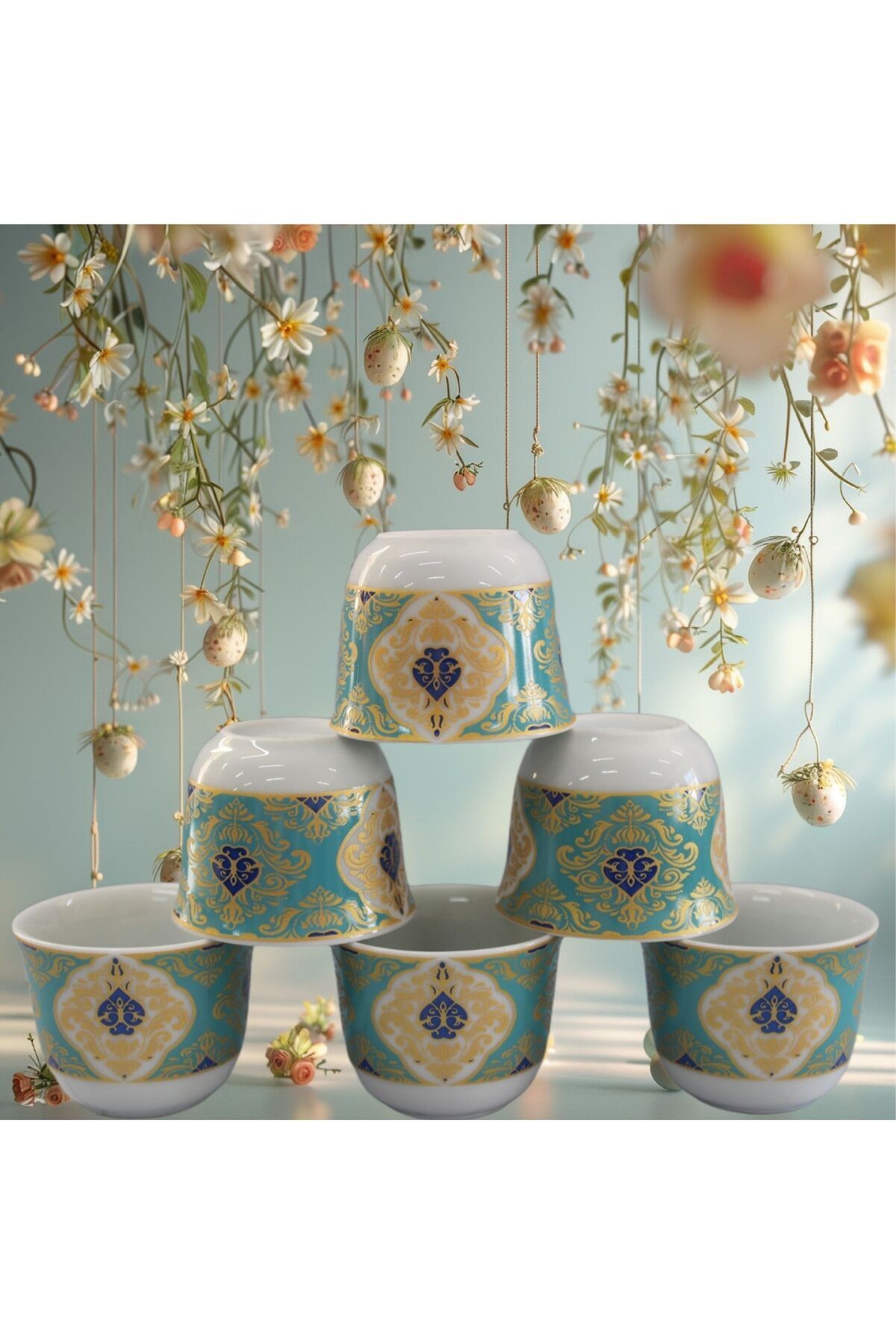 Yeşil Desen Yaldızlı Porselen Mirra Kulpsuz Fincan Set 6 Adet Patterned Gold Mirra Porcelain 6 Pcs