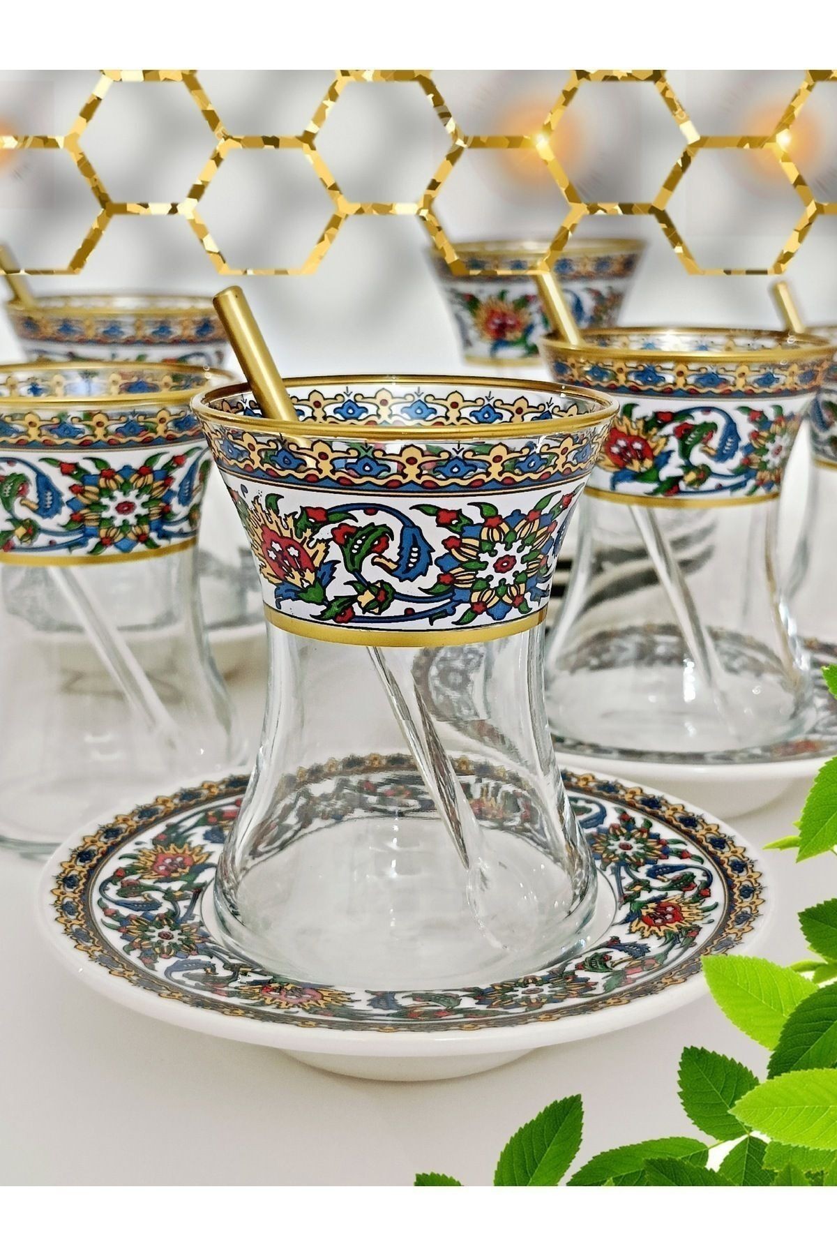 Altın Bitkisel Çini Desenli Cam Porselen 6 Kişilik Çay Seti Tea Set For 6 Persons Premium Porcelain