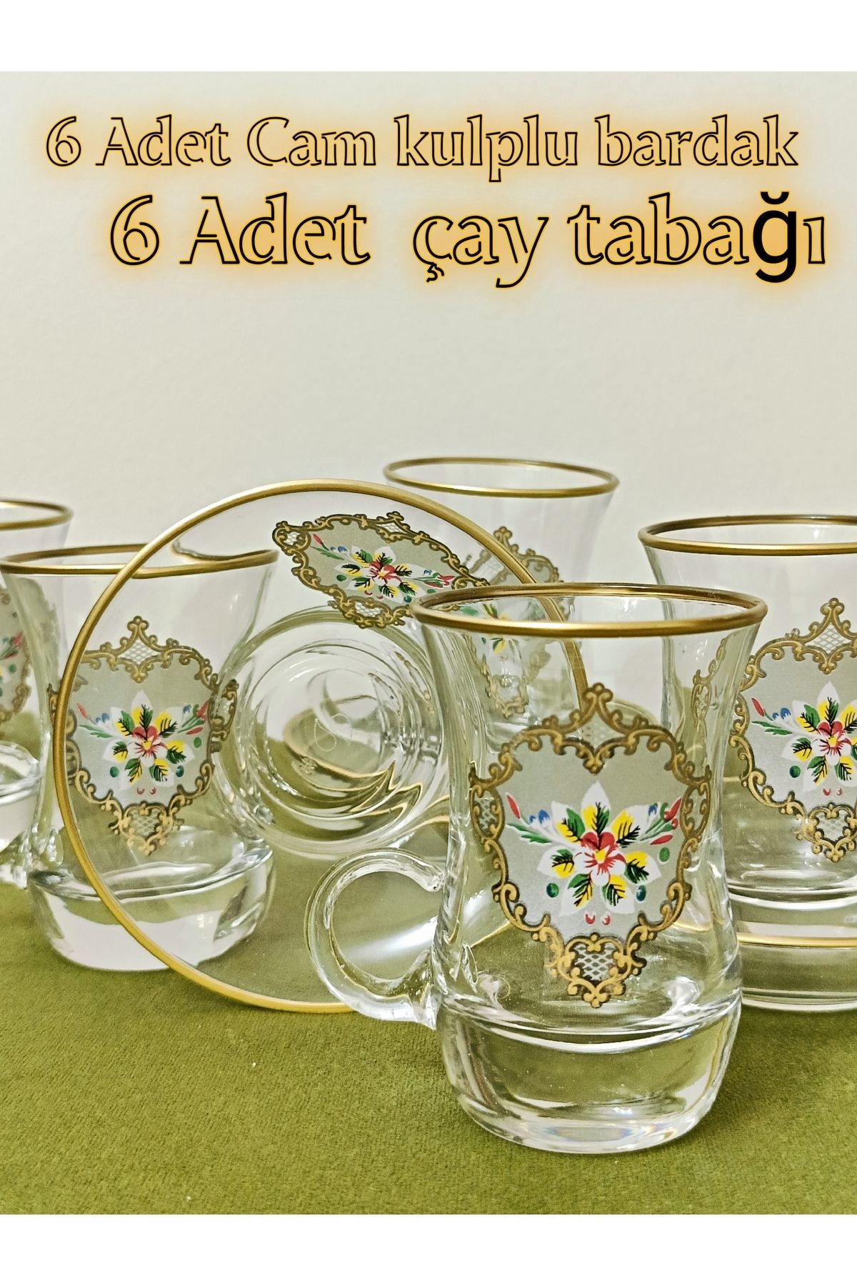 Altın Gümüş Baskılı Gül Desen Model Cam Kulplu 6 Kişilik Çay Seti Glass Handle Cup