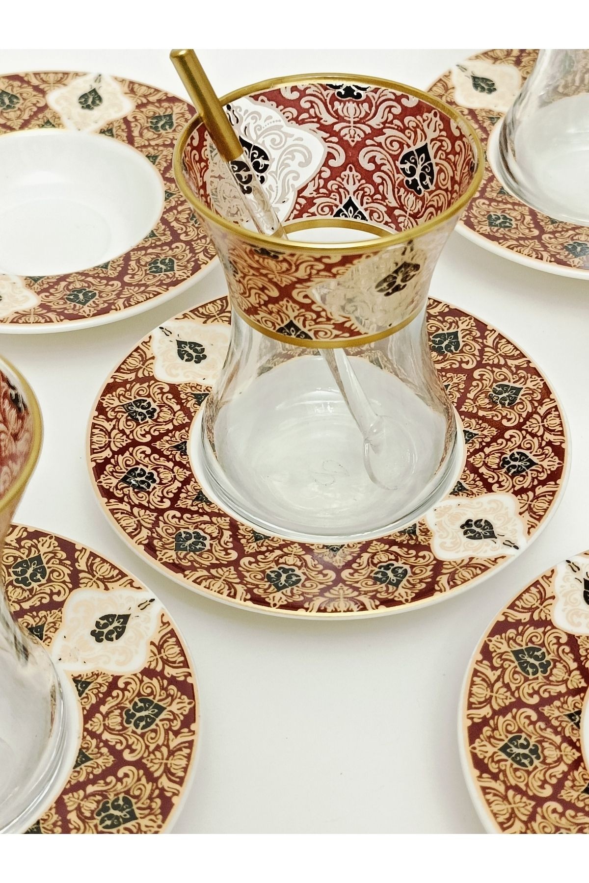 Altın Bordo Desen Işlemeli 6 Kişilik Cam Porselen Çay Seti Tea Set For 6 Persons Premium Porcelain