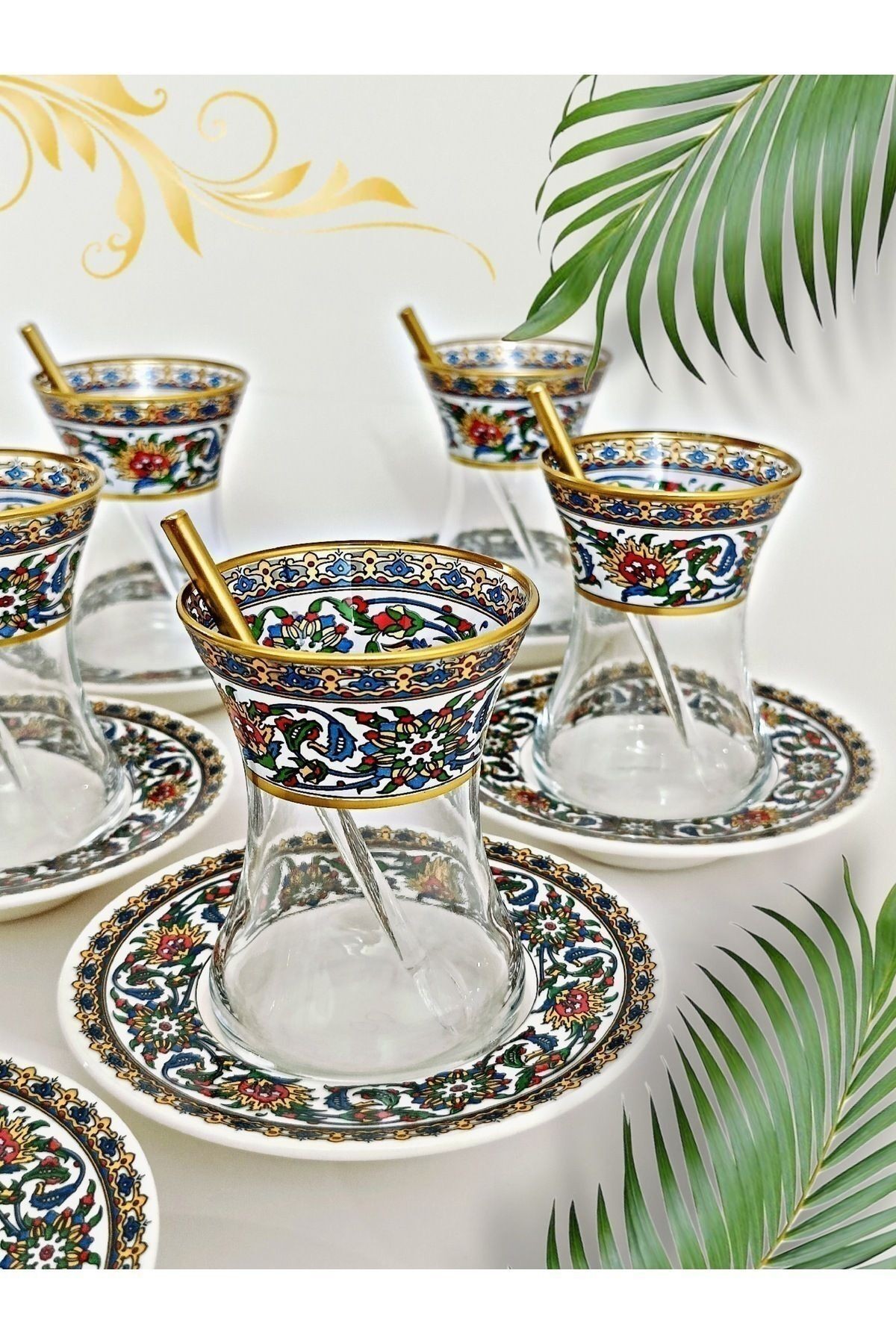 Altın Bitkisel Çini Desenli Cam Porselen 6 Kişilik Çay Seti Tea Set For 6 Persons Premium Porcelain