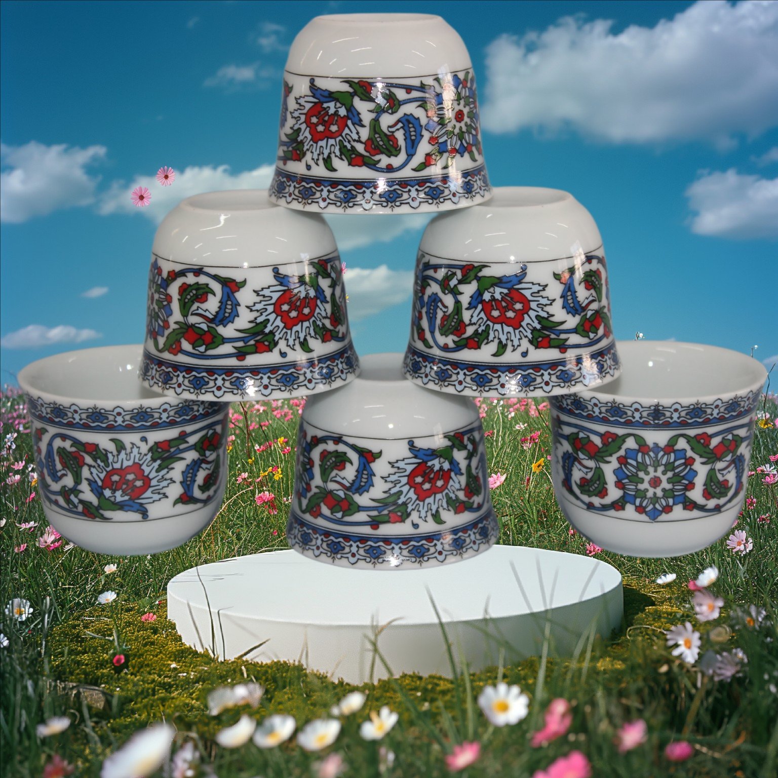 Bitkisel Çini Renkli Model Desenli Porselen Mirra Set 6 Adet Mırra Cup Porcelain 6 Pieces