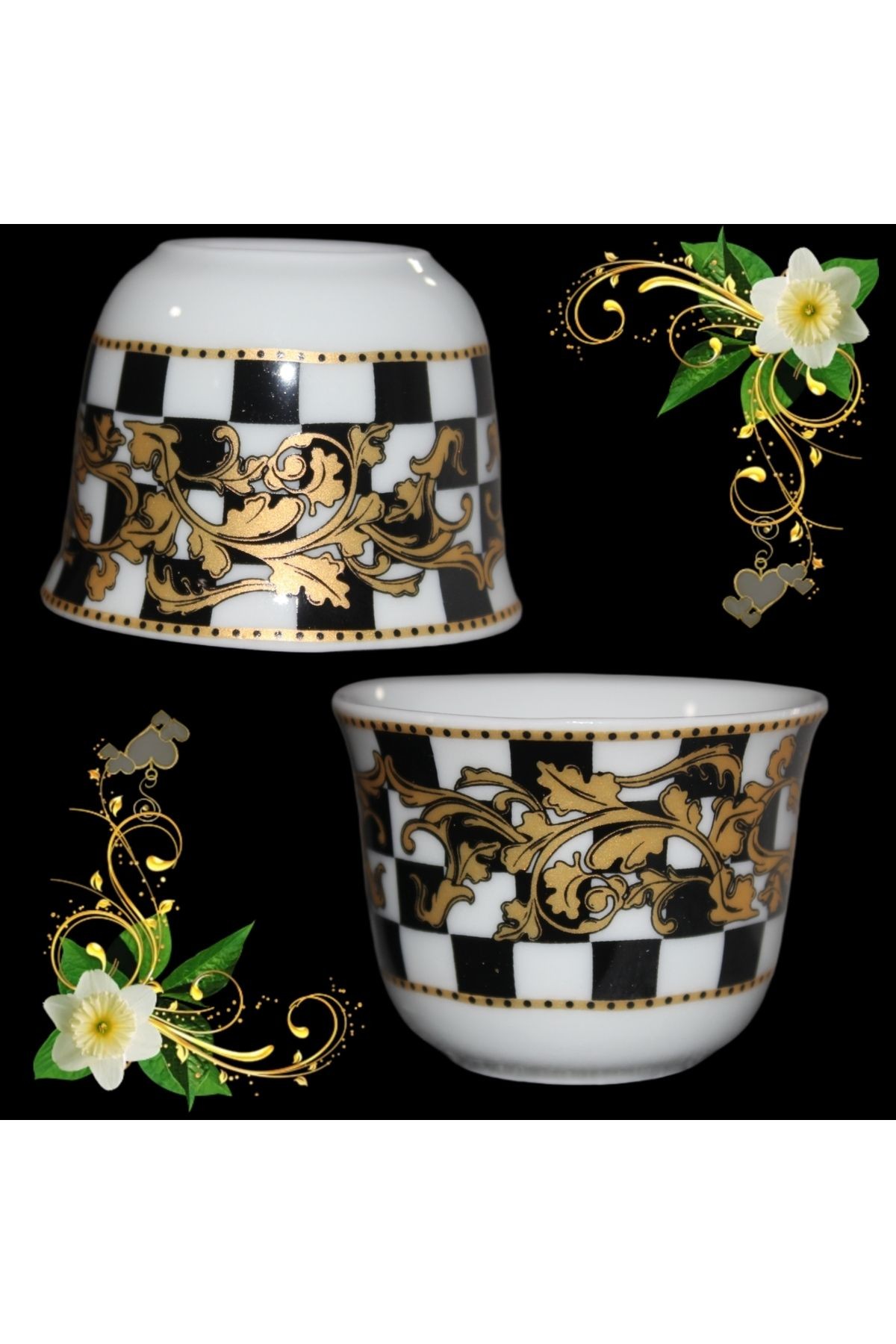 Siyah Beyaz Kare Model Desenli Mırra Kulpsuz Fincan Takımı 6 Adet Mırra Cup Porcelain 6 Pieces