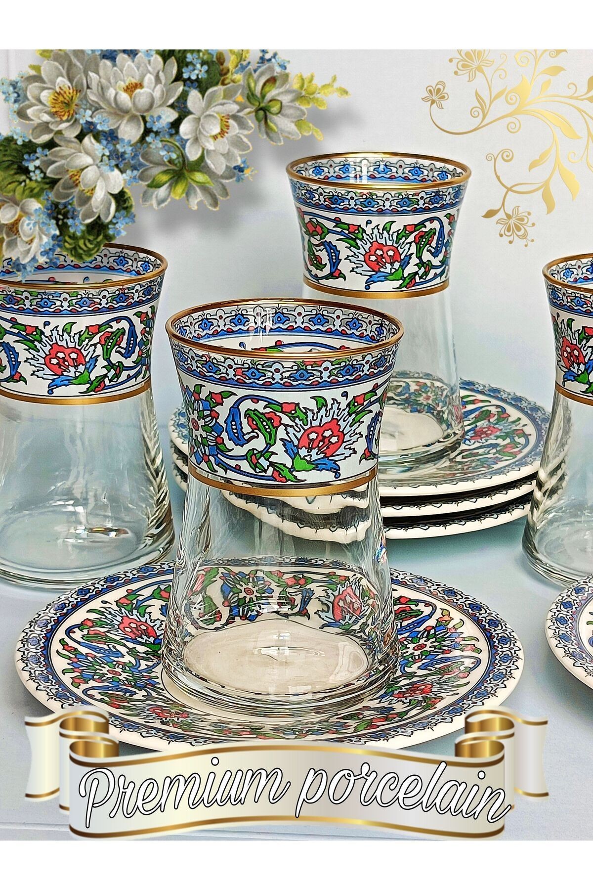 Altın Heybeli Bitkisel Çini Model Porselen Tabak Ve Bardak 6 Kişlik Çay Seti Premium Porcelain