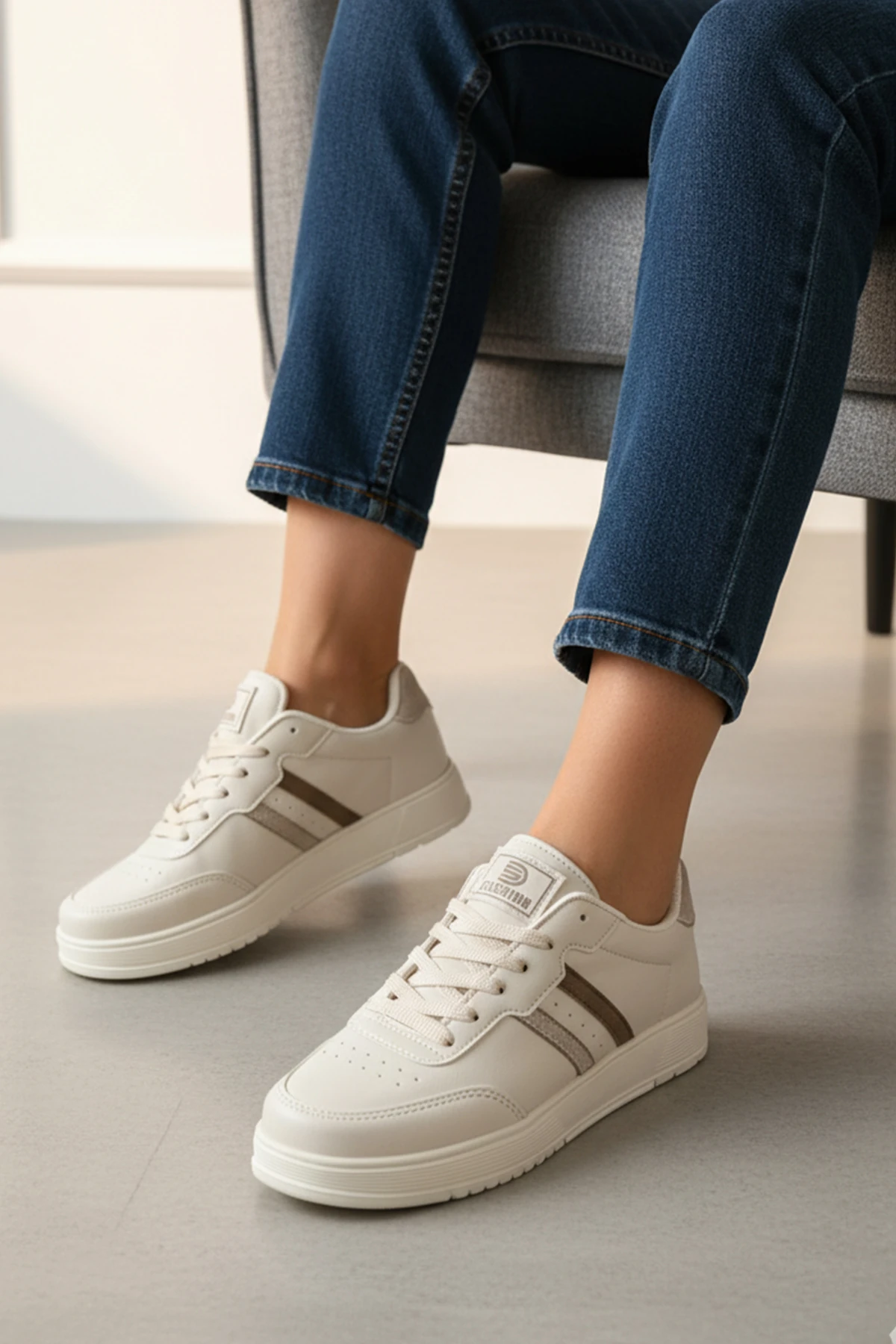 Kadın Sneaker Bağcıklı Spor Ayakkabı 163NAV - Ekru