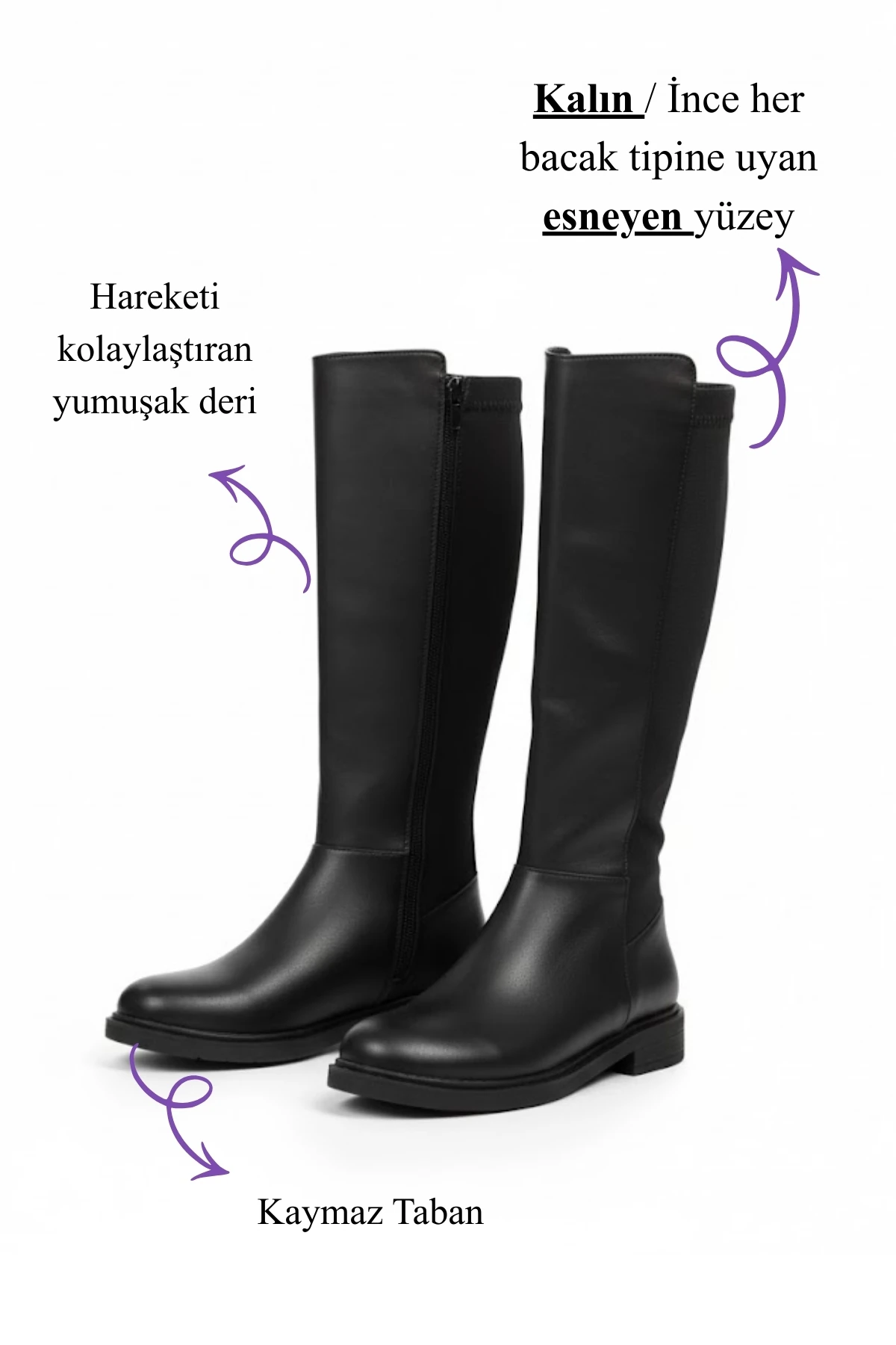 Kadın Fermuarlı Kürklü Kalın Bacaklara Uygun Çizme A400NAV - Siyah